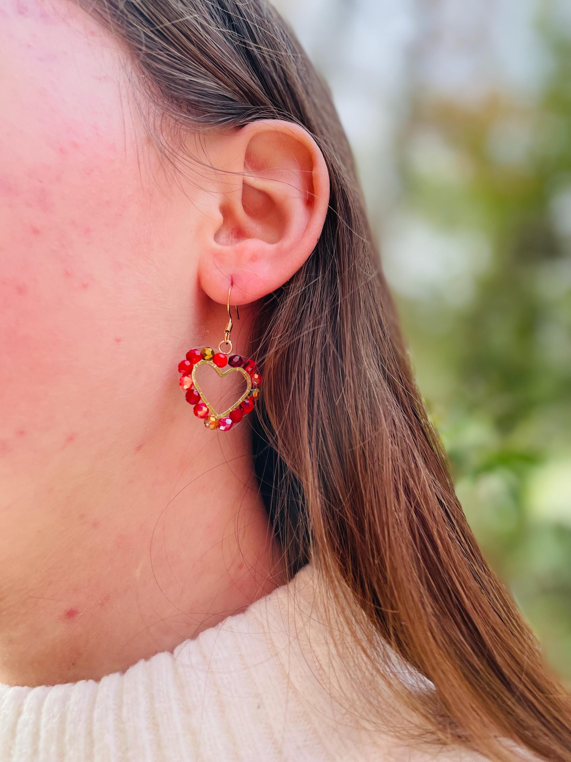Red Beaded Heart Hoop Earrings: 14K Gold Romantic Dangle Earrings