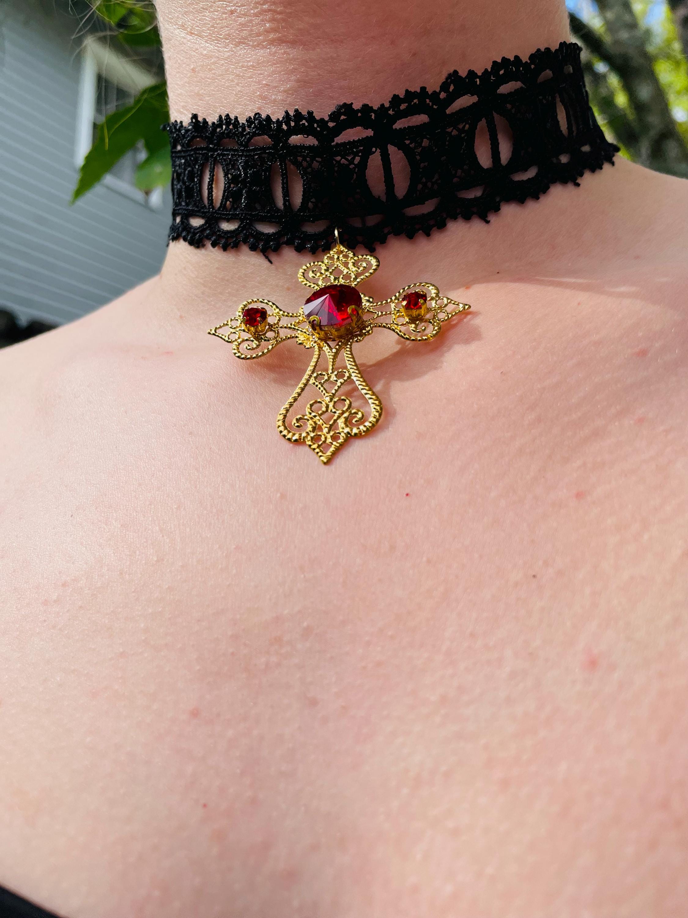 Gothic Red Crystal Collar Choker: Vintage Vampire Black Lace Necklace with Filigree Cross Pendant