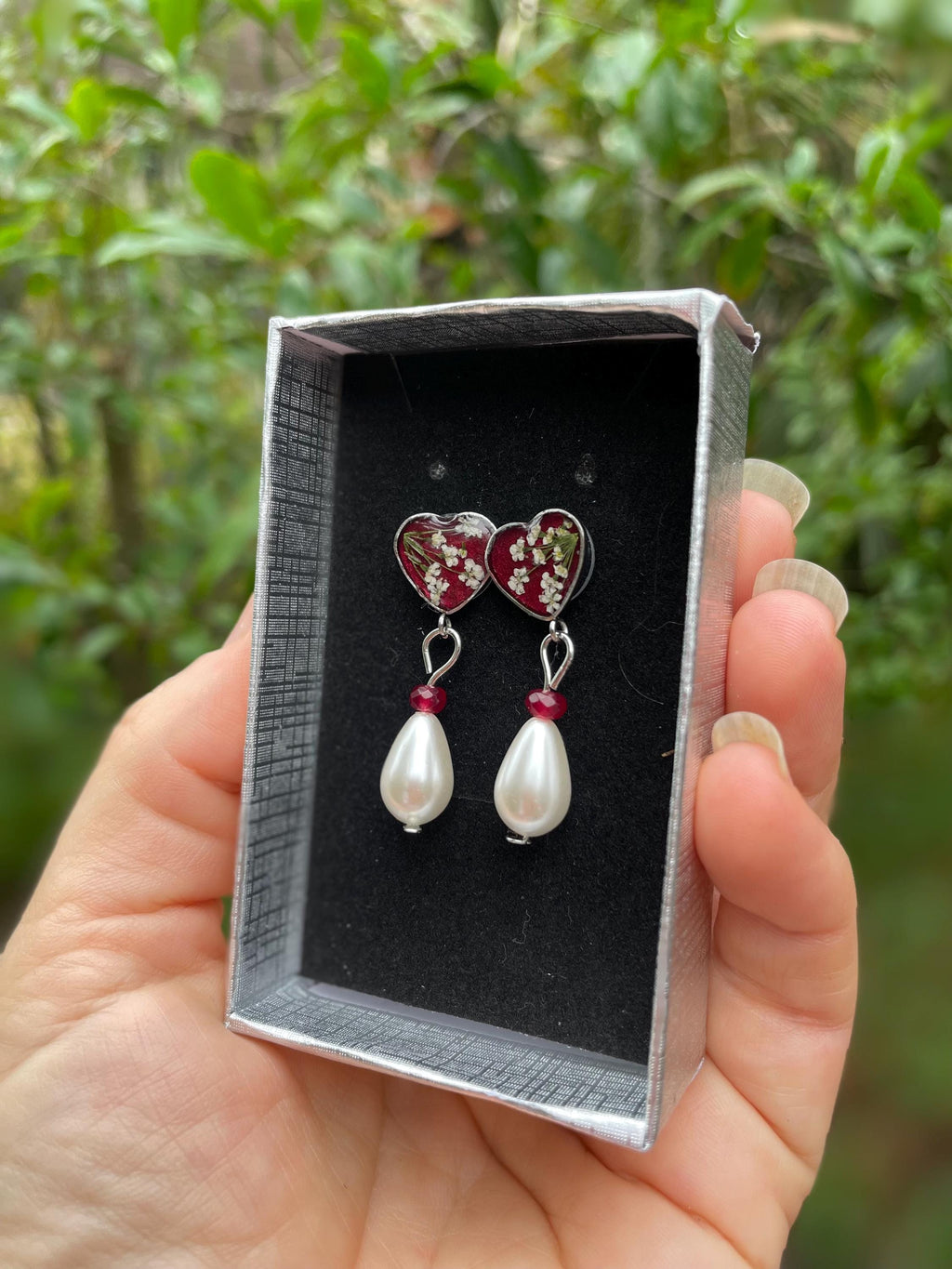Silver Garnet Heart Earrings: Antique Wildflower Pearl Drop Jewelry January Birthstone
