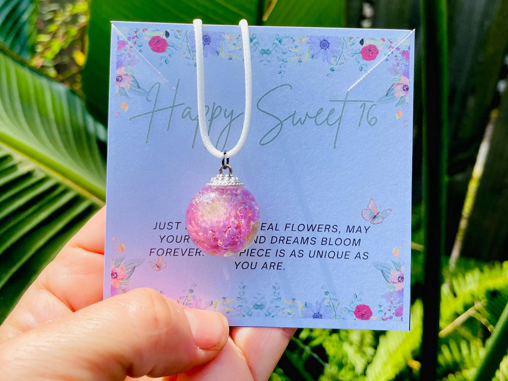 Sweet 16 Pink Flower Resin Pendant Necklace: Silver Chain or Leather Cord