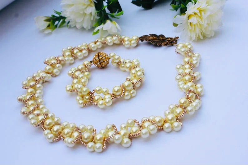 Swarovski pearl wedding necklace for bride, pearl collar necklace, pearl necklace graduate bridal jewelry set daughter, prom choker for her