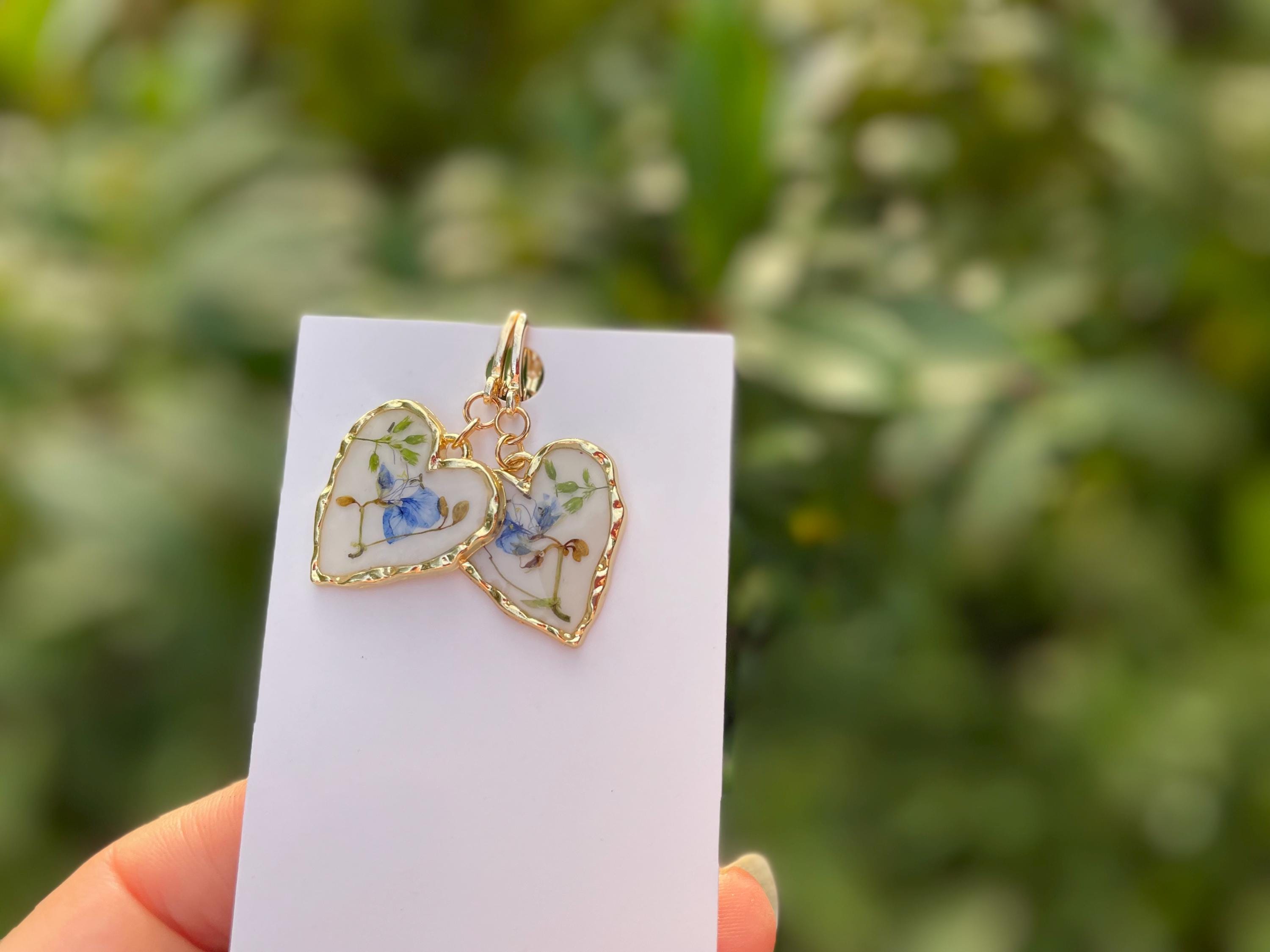 14k Gold Earrings Heart: Porcelain Like Huggie Earrings, Real Blue Flowers