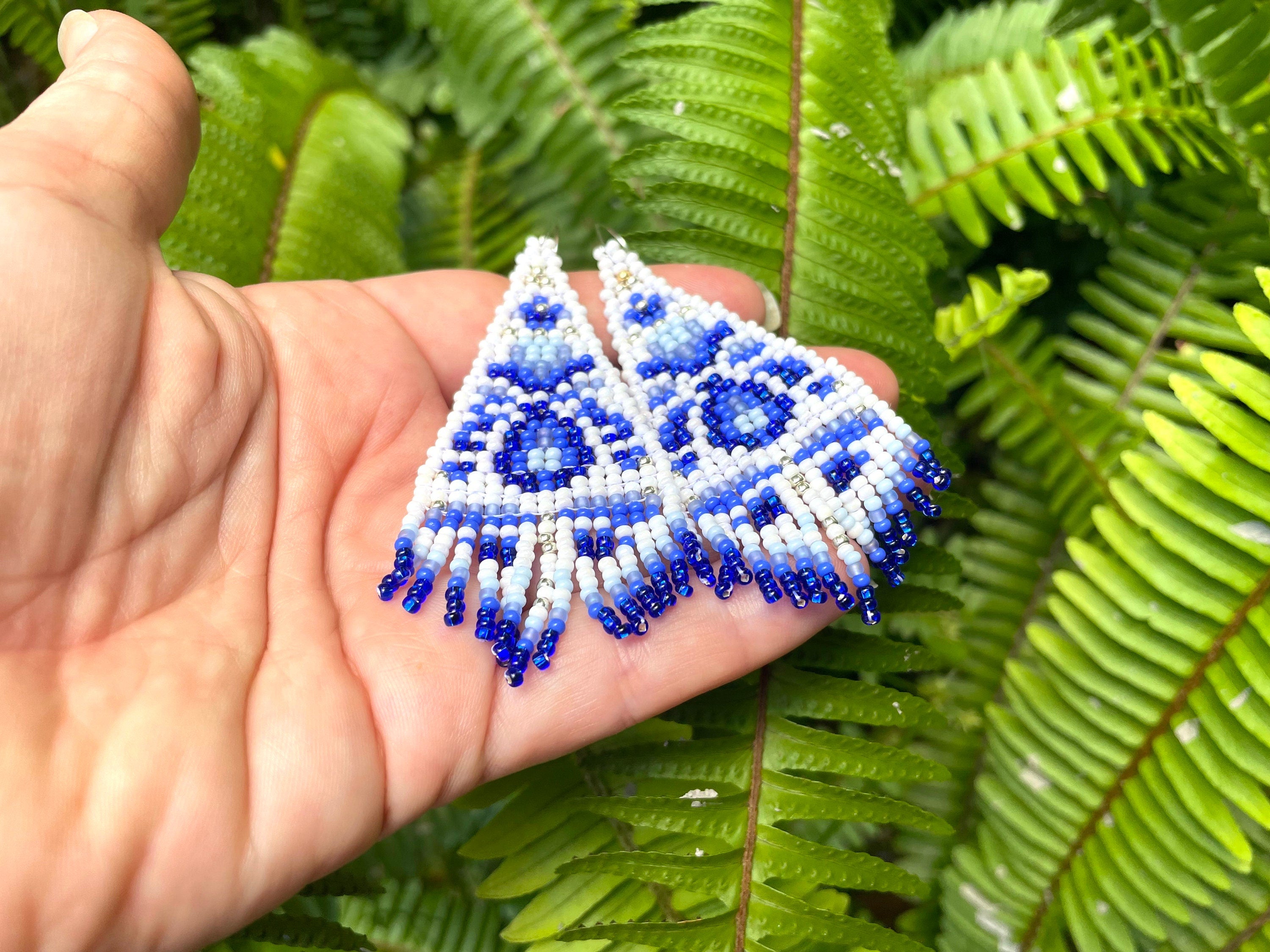 Chinoiserie Seed Bead Earrings: White & Blue Toile, Sterling Silver