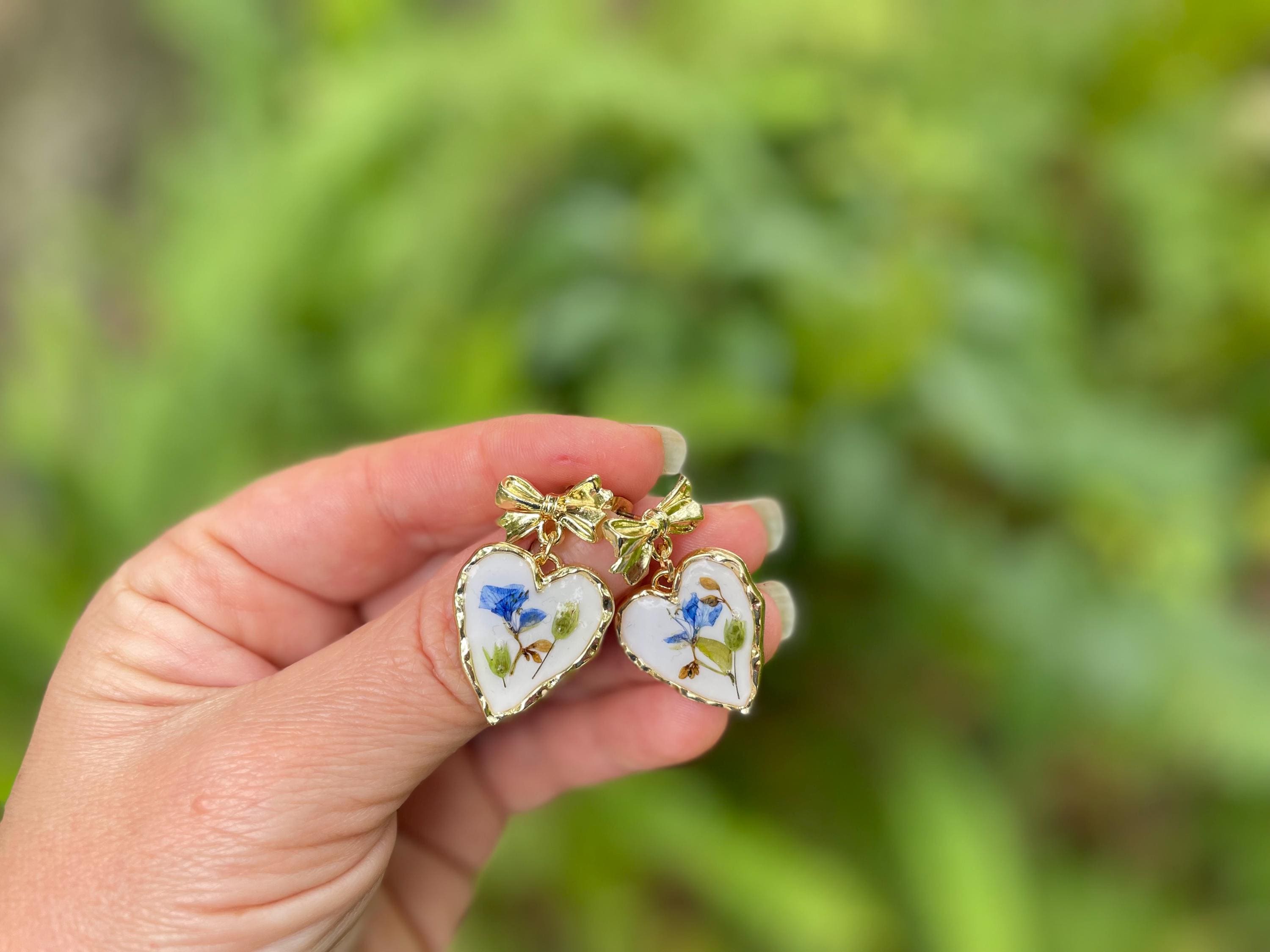 14 K Gold Bow Earrings Stud: Japanese Porcelain Inspired Heart Earrings Real Flower