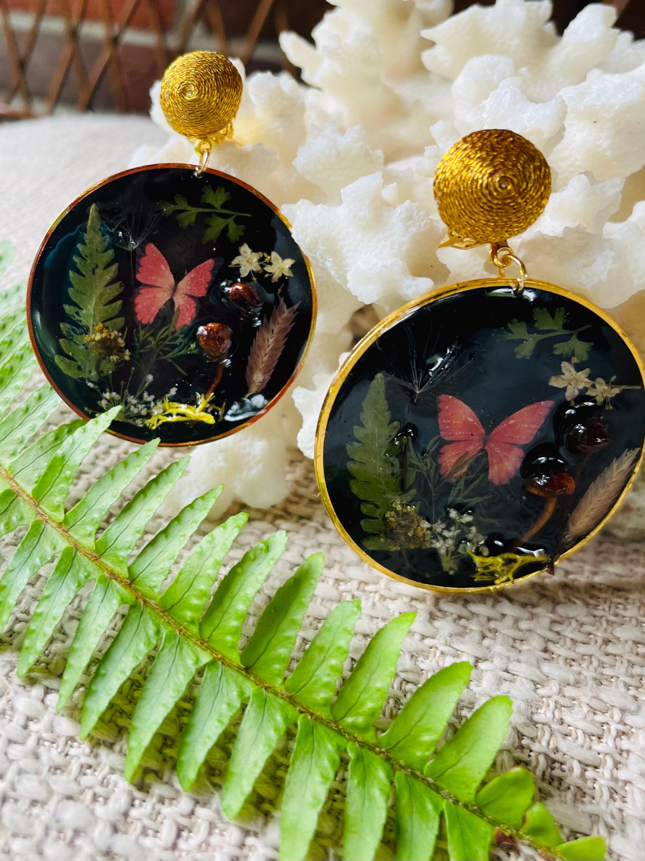 Dark Academia Mushroom Earrings: Real Moss, Fern & Butterfly