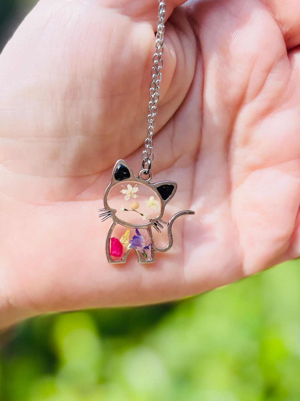 Pressed Flower Cat Necklace: Personalized Resin Birthstone Pendant, Cat Lover Gift