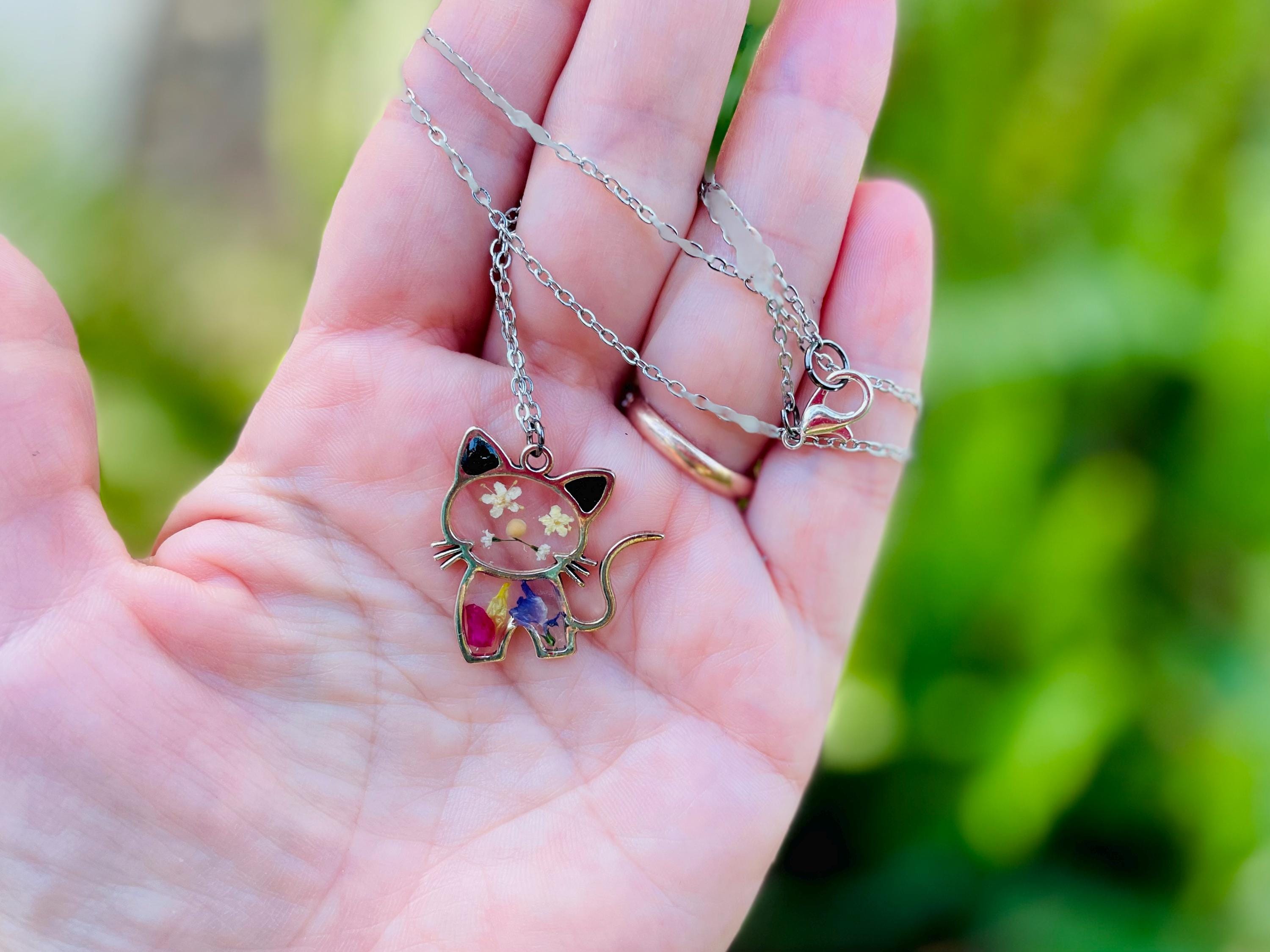 Pressed Flower Cat Necklace: Personalized Resin Birthstone Pendant, Cat Lover Gift