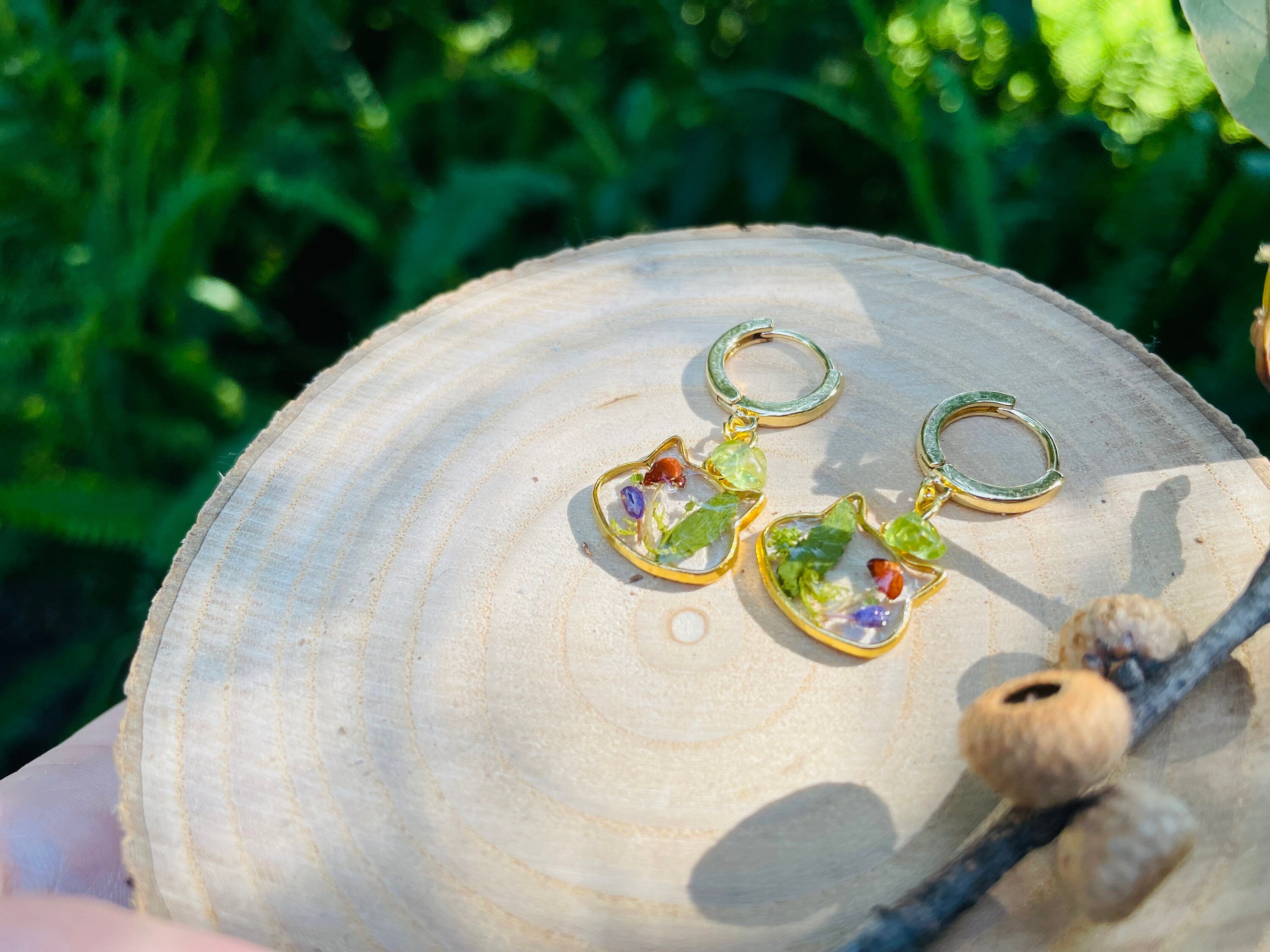 Handmade Cat Head Resin Earrings: Real Mushrooms, Ferns, Peridot Gold Hoops