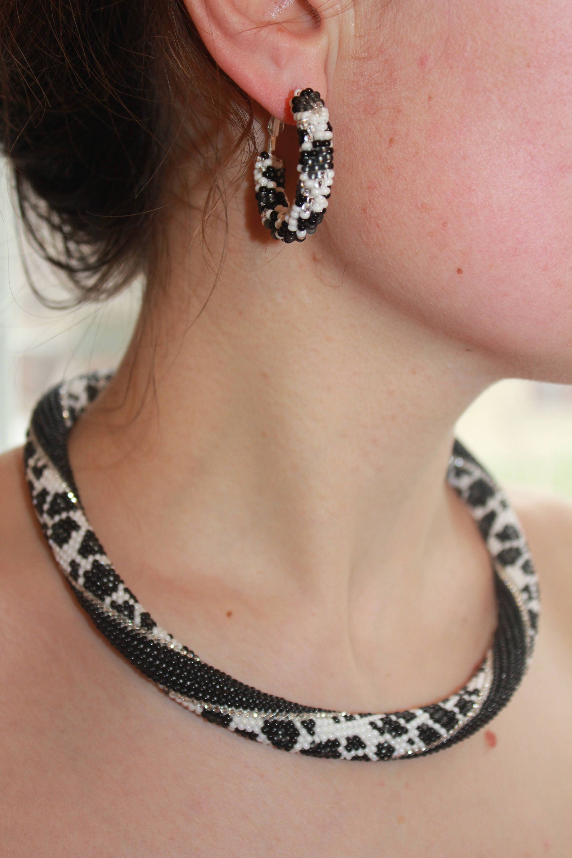 Leopard necklace beaded, monochrome boho bohemian choker, Necklace gift for wife, statement animal print jewelry for women