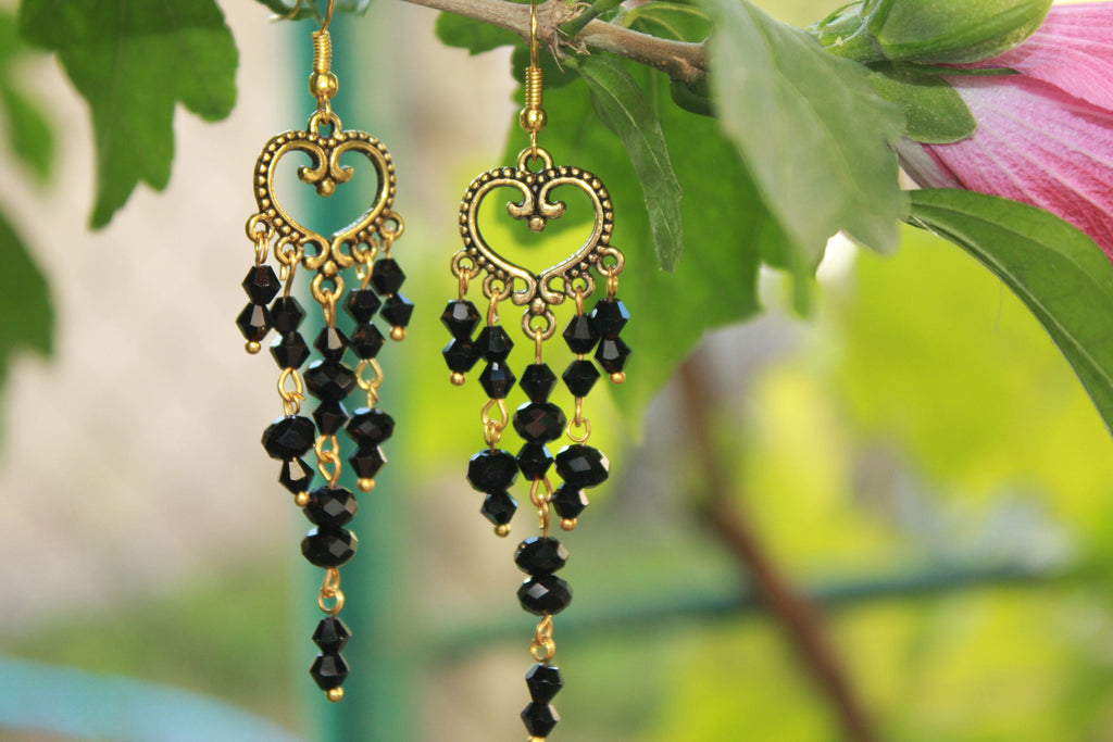 Mothers Day gift, Gold and black Heart earrings, long chandelier earrings, romantic gift for girlfriend wife, bohemian beaded earrings mom