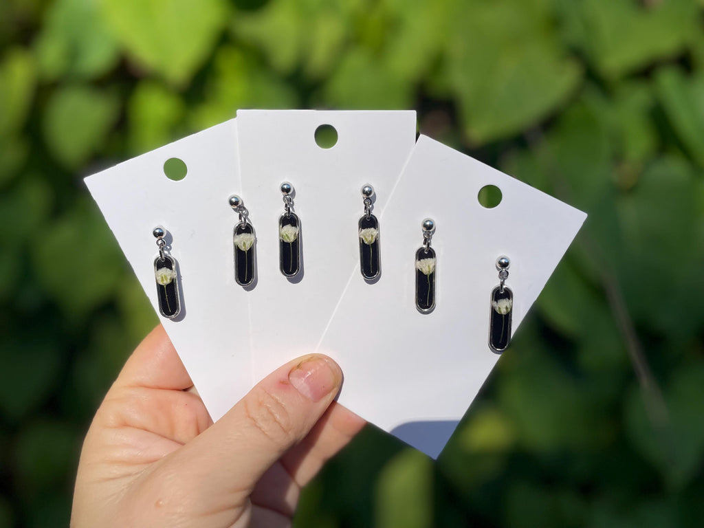 Black Floral Earrings Post: Baby Breath Pressed Flower Jewelry Minimalist Resin