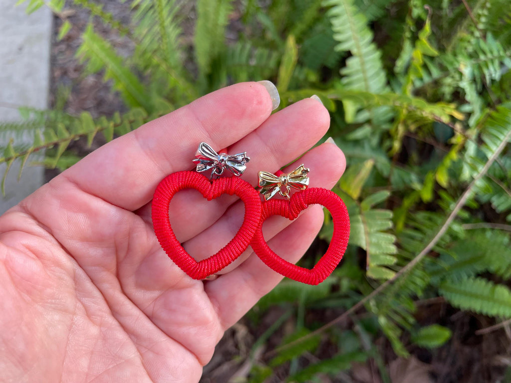 Red Heart Earrings: Silk Wrapped Bow Studs, Romantic Jewelry