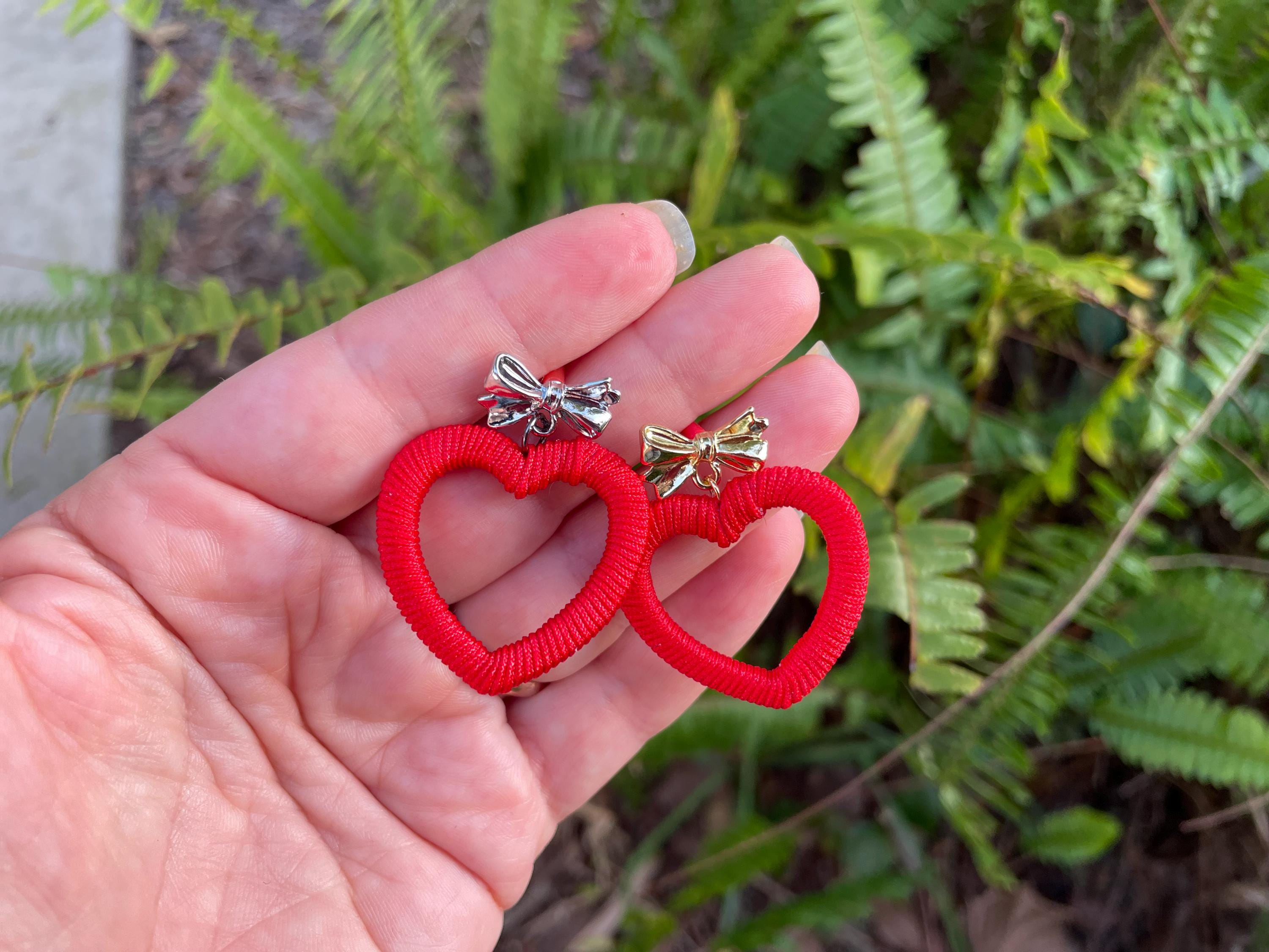 Red Heart Earrings: Silk Wrapped Bow Studs, Romantic Jewelry