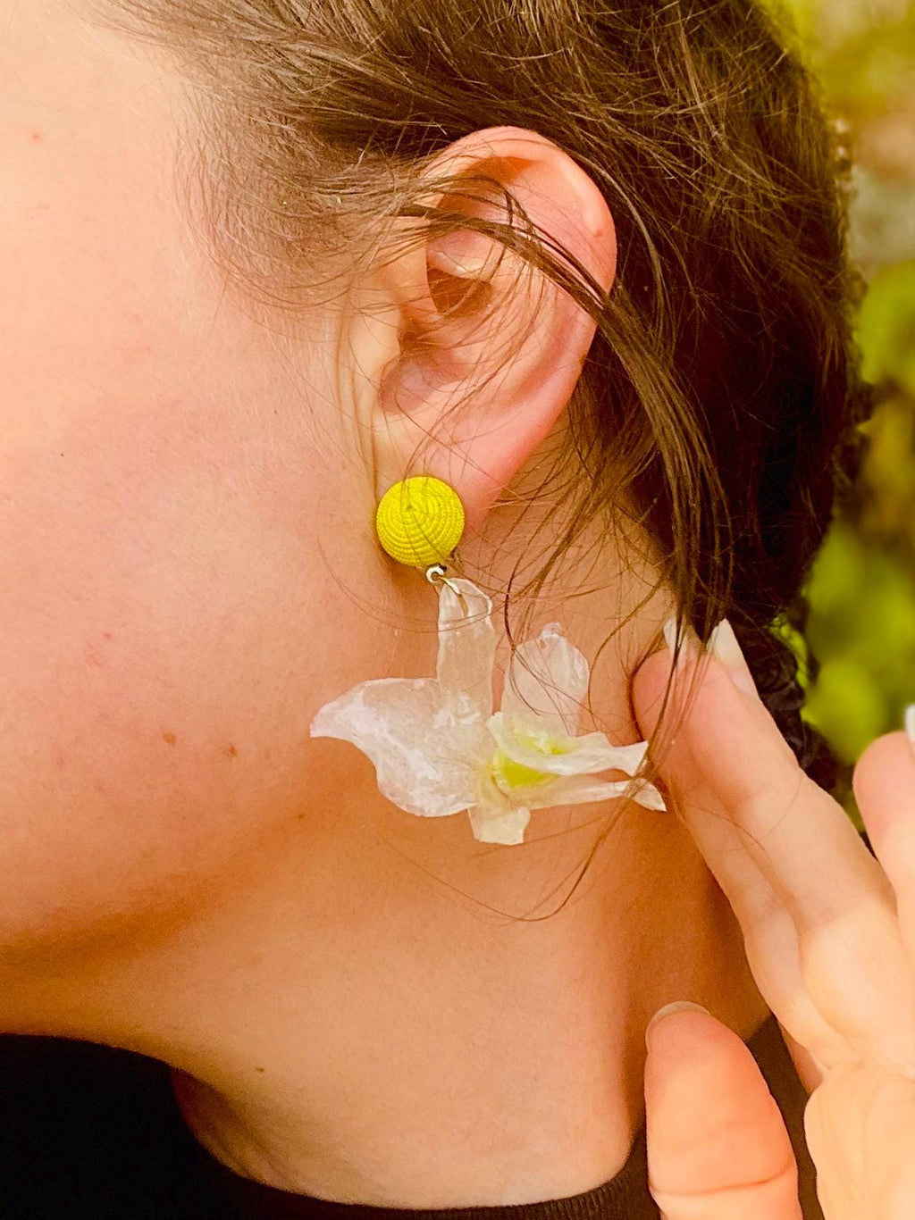 Real Orchid Clip-On Earrings | Unique White & Chartreuse Floral Dangles | Resin Jewelry Gift for her
