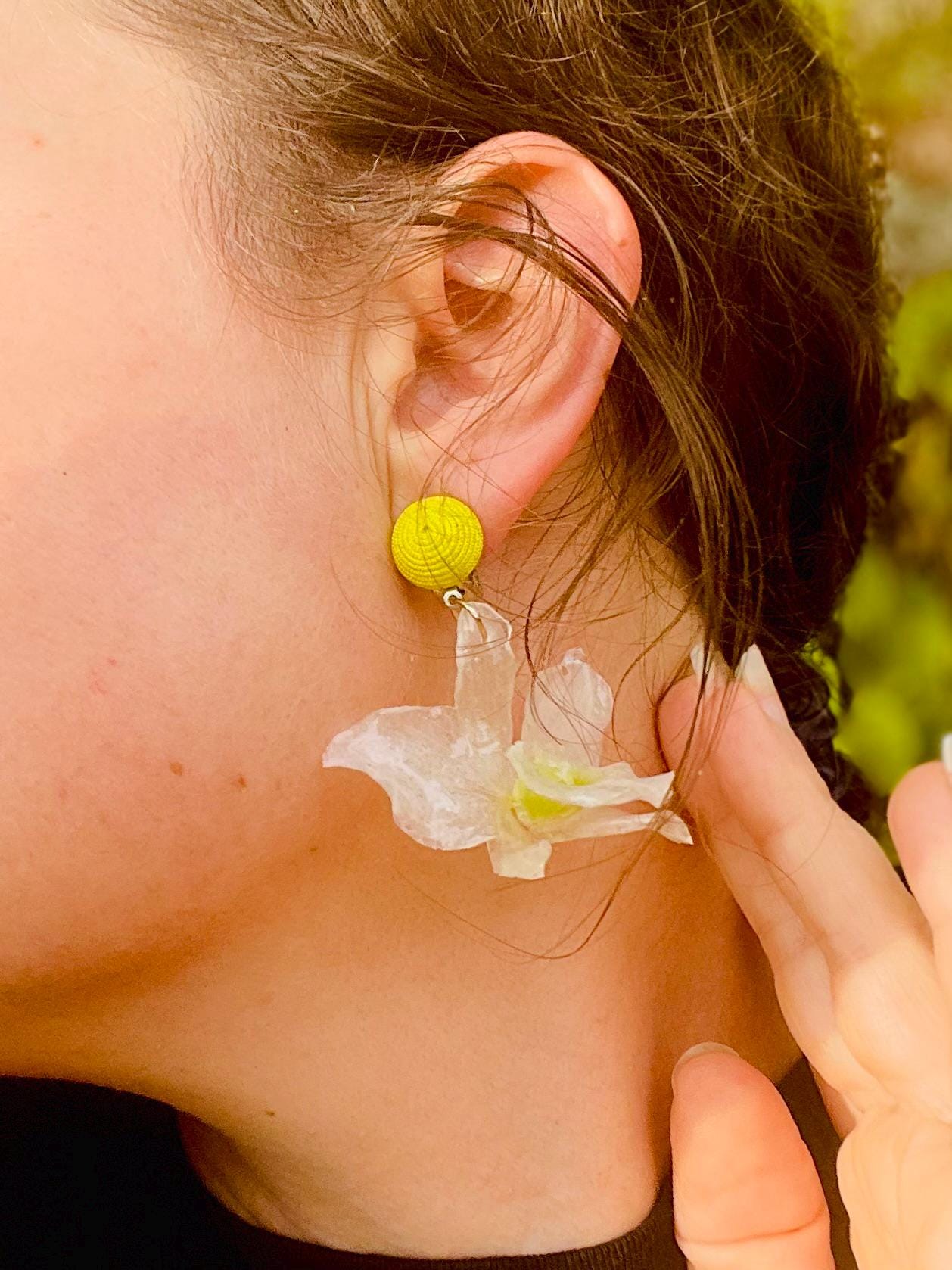 Real Orchid Clip-On Earrings | Unique White & Chartreuse Floral Dangles | Resin Jewelry Gift for her