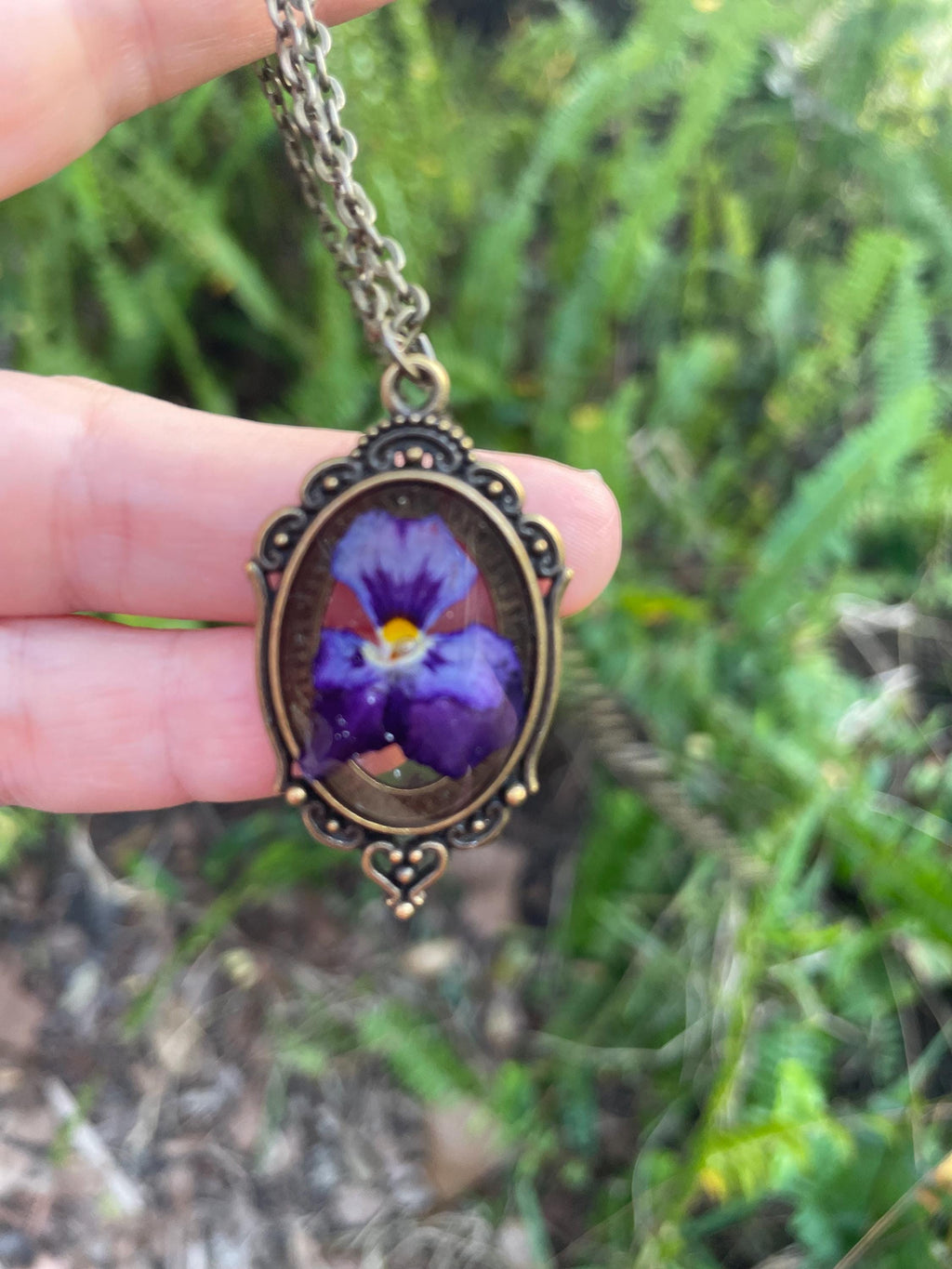 Personalized Birth Flower Necklace: Real Pressed Violet, Gothic Jewelry
