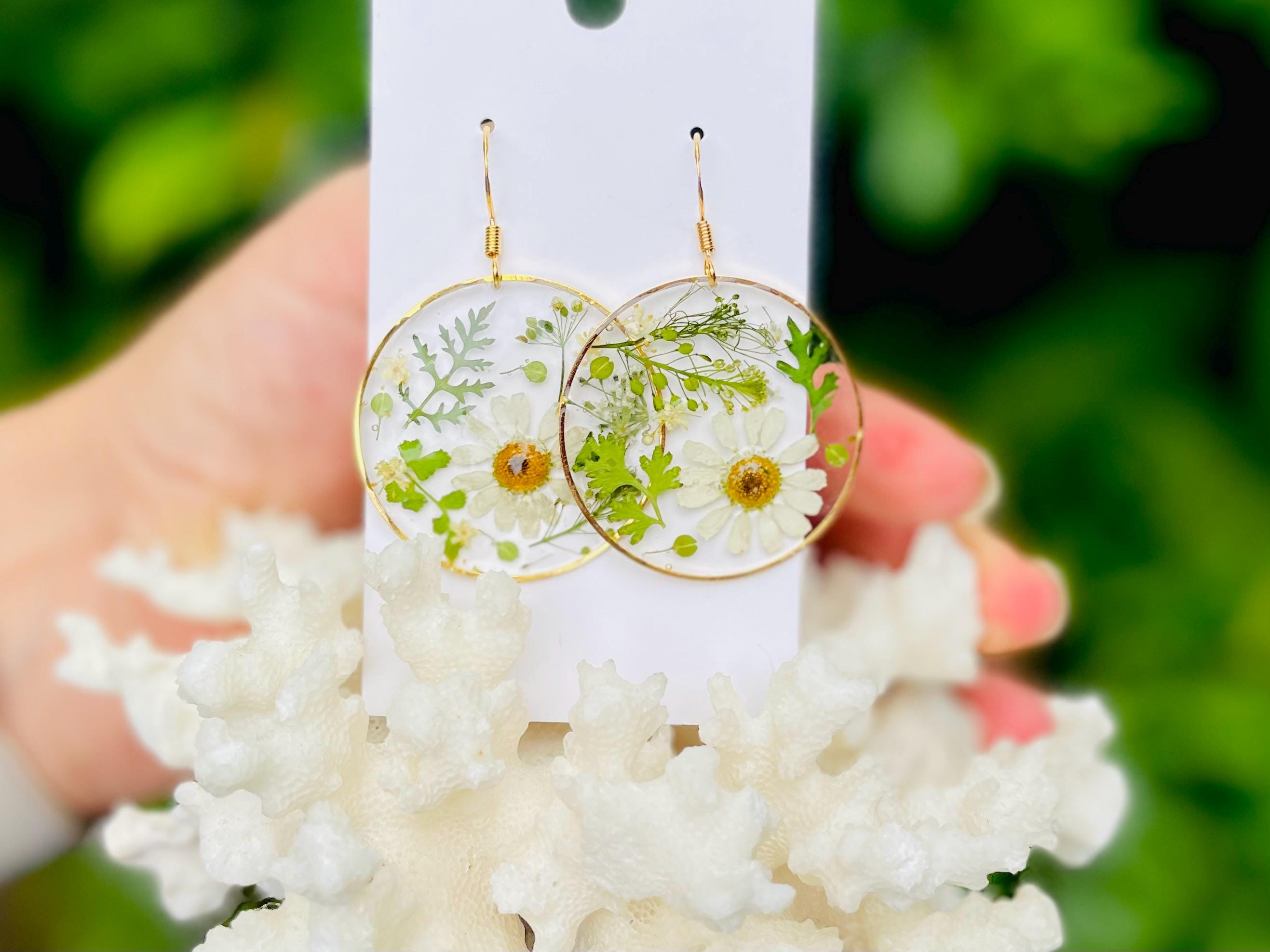Real Pressed Daisy Earrings: Botanical Garden Jewelry Resin, April Birth Flower
