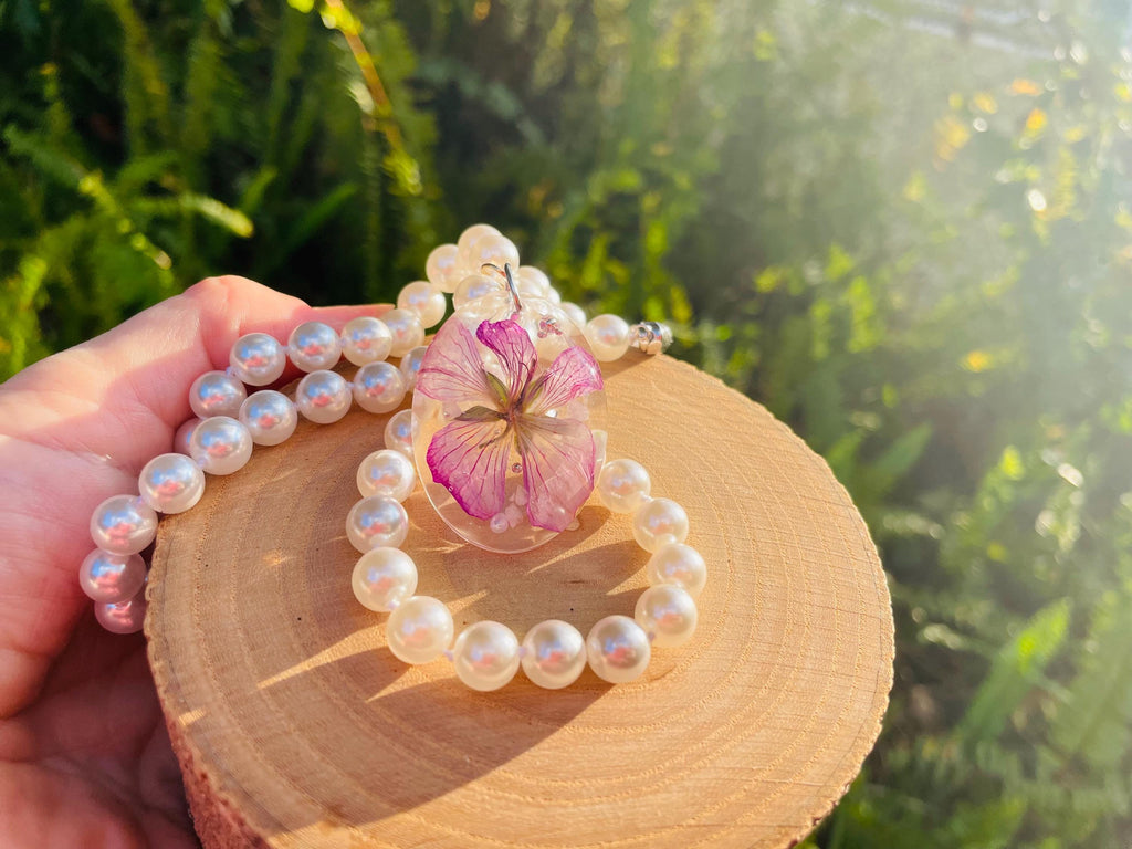 March Birth Flower Pearl Necklace: Cherry Blossom Rose Quartz Pendant