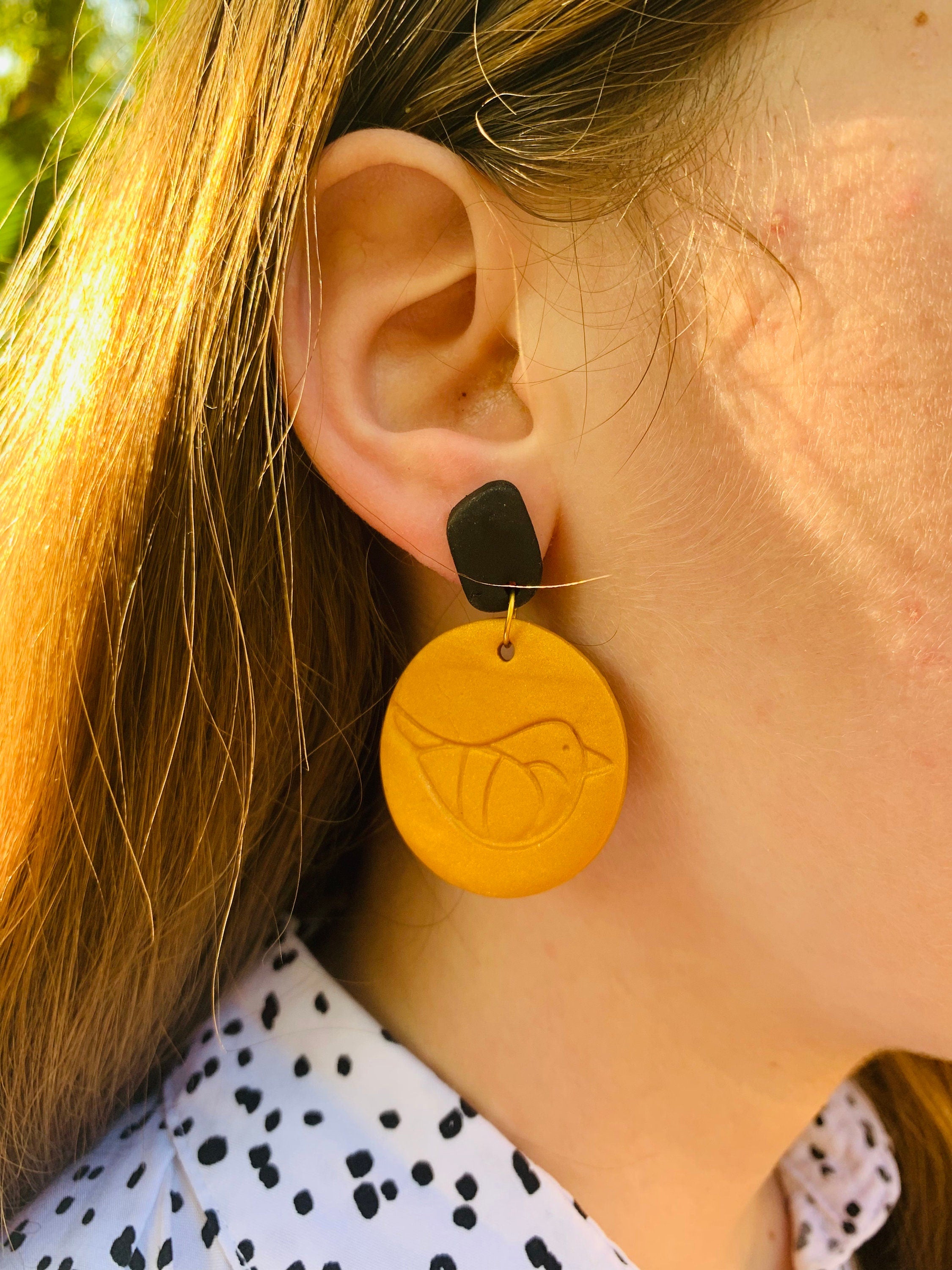 Gold and black bird earrings, Handmade Polymer Clay Earrings, Statement Dangle Earrings, Mothers Day gift, big clip on earrings hoops