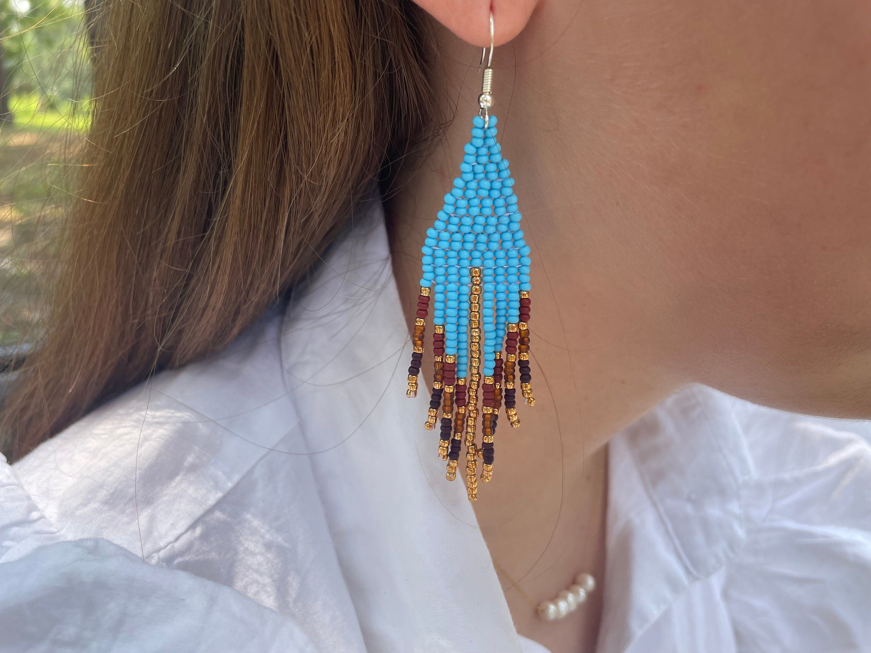 Turquoise and rust earrings handmade, blue boho earrings Fringe beadwork earrings unique holiday gift for her Seed bead dangle earring Long