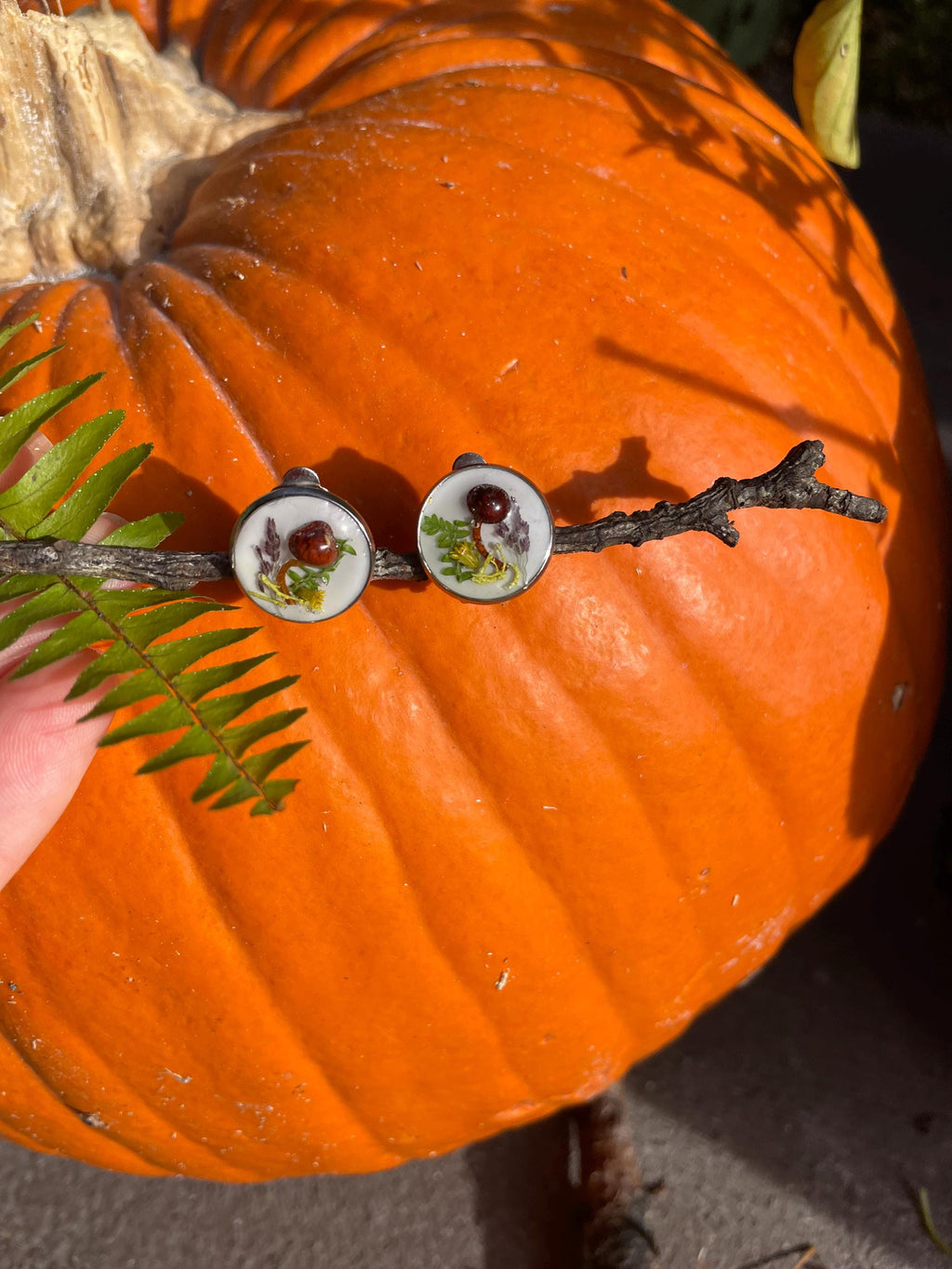 Mushroom Earrings Stud/Clip on: Real Moss and Fern, Sterling Silver, Botanical Jewelry