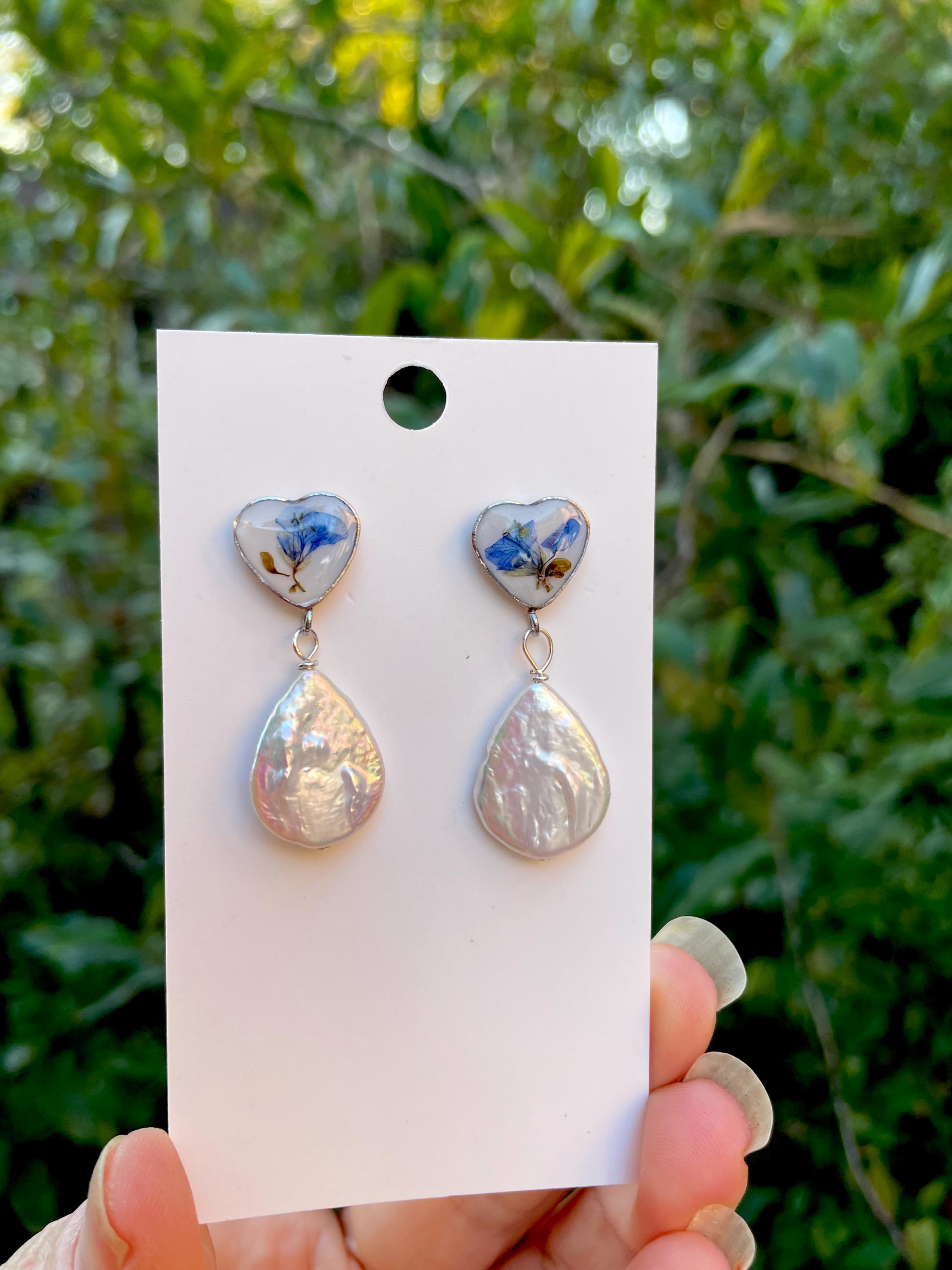 Baroque Pearl Bridal Earrings: Blue Floral Heart, Victorian Chinoiserie Style
