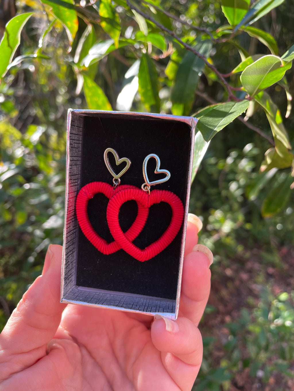 Red Silk Cord Heart Earrings: Valentine's Day Statement Hoops