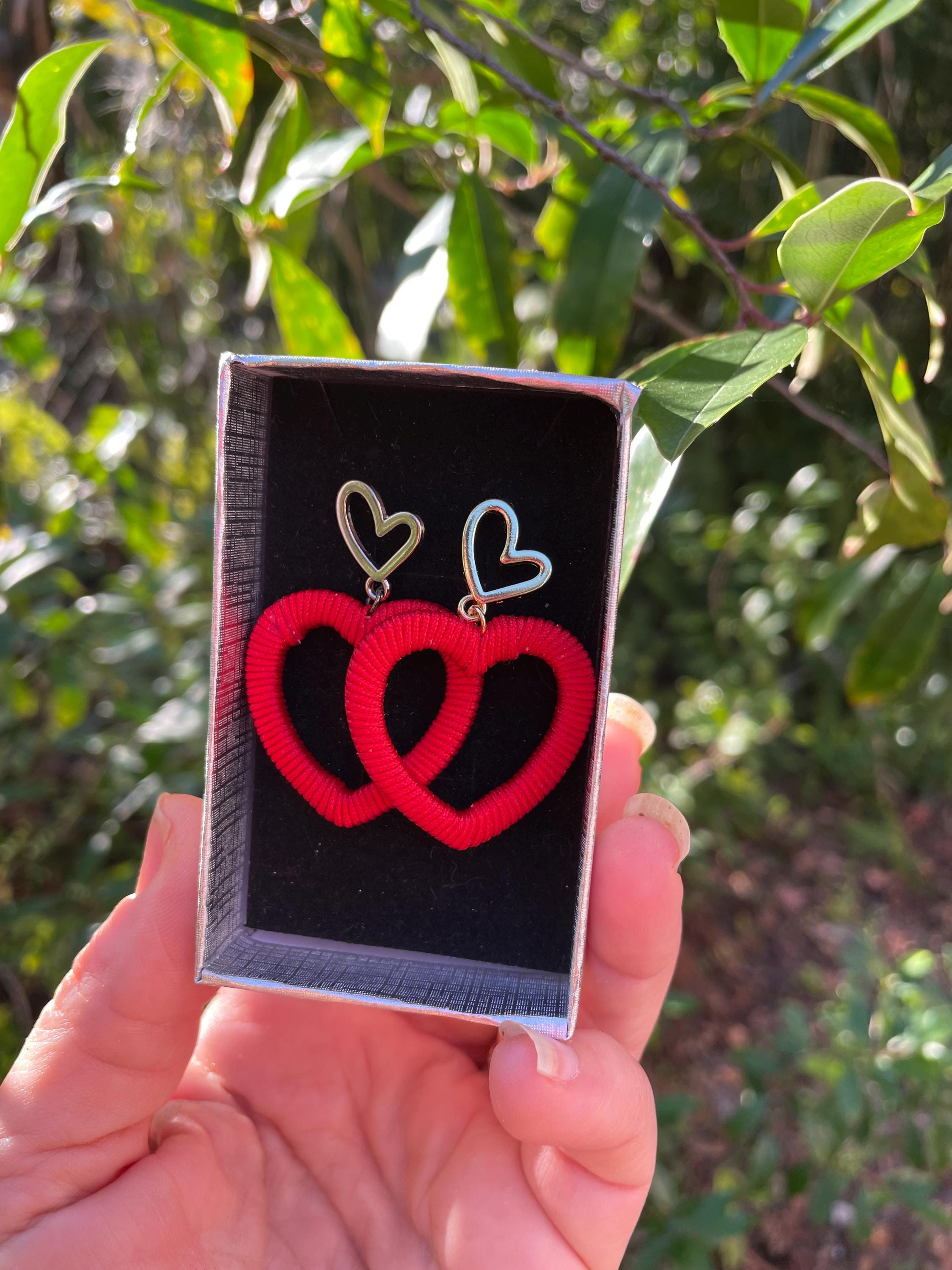 Red Silk Cord Heart Earrings: Valentine's Day Statement Hoops