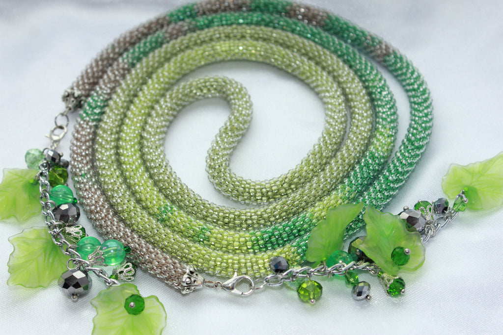 Layered Ombre Green and Silver Lariat Necklace for Women Extra Long: Tassel Seed Bead Crochet Jewelry