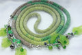 Layered Ombre Green and Silver Lariat Necklace for Women Extra Long: Tassel Seed Bead Crochet Jewelry