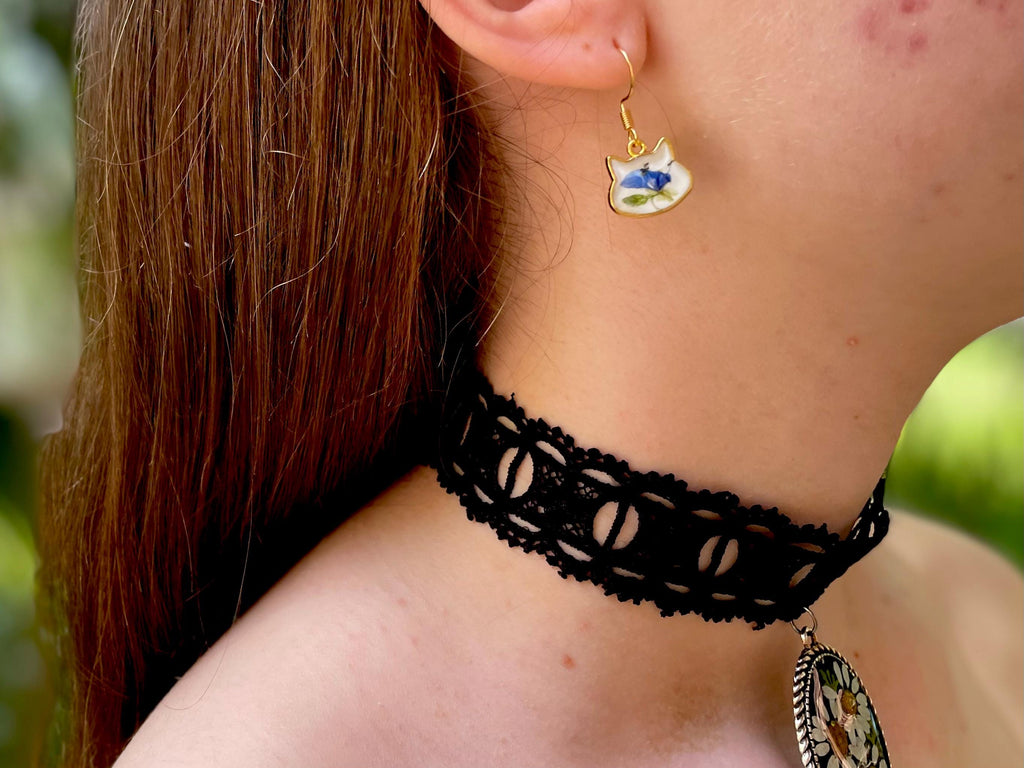 Dainty Blue Flower Cat Earrings: 14K Gold Filled Vintage Porcelain Style Jewelry