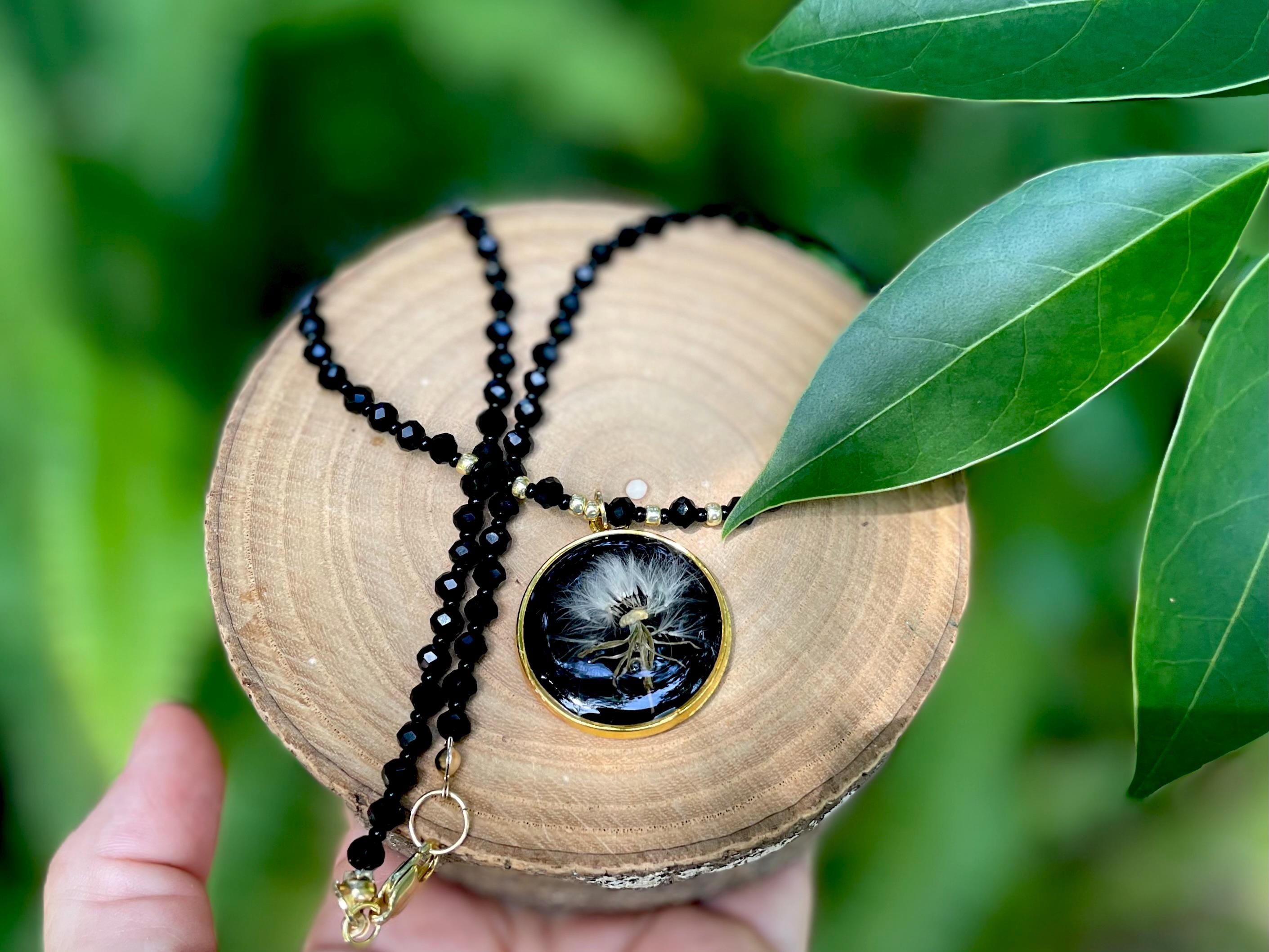 Black Spinel Beaded Necklace: Real Dandelion Charm, Sterling Silver/Gold