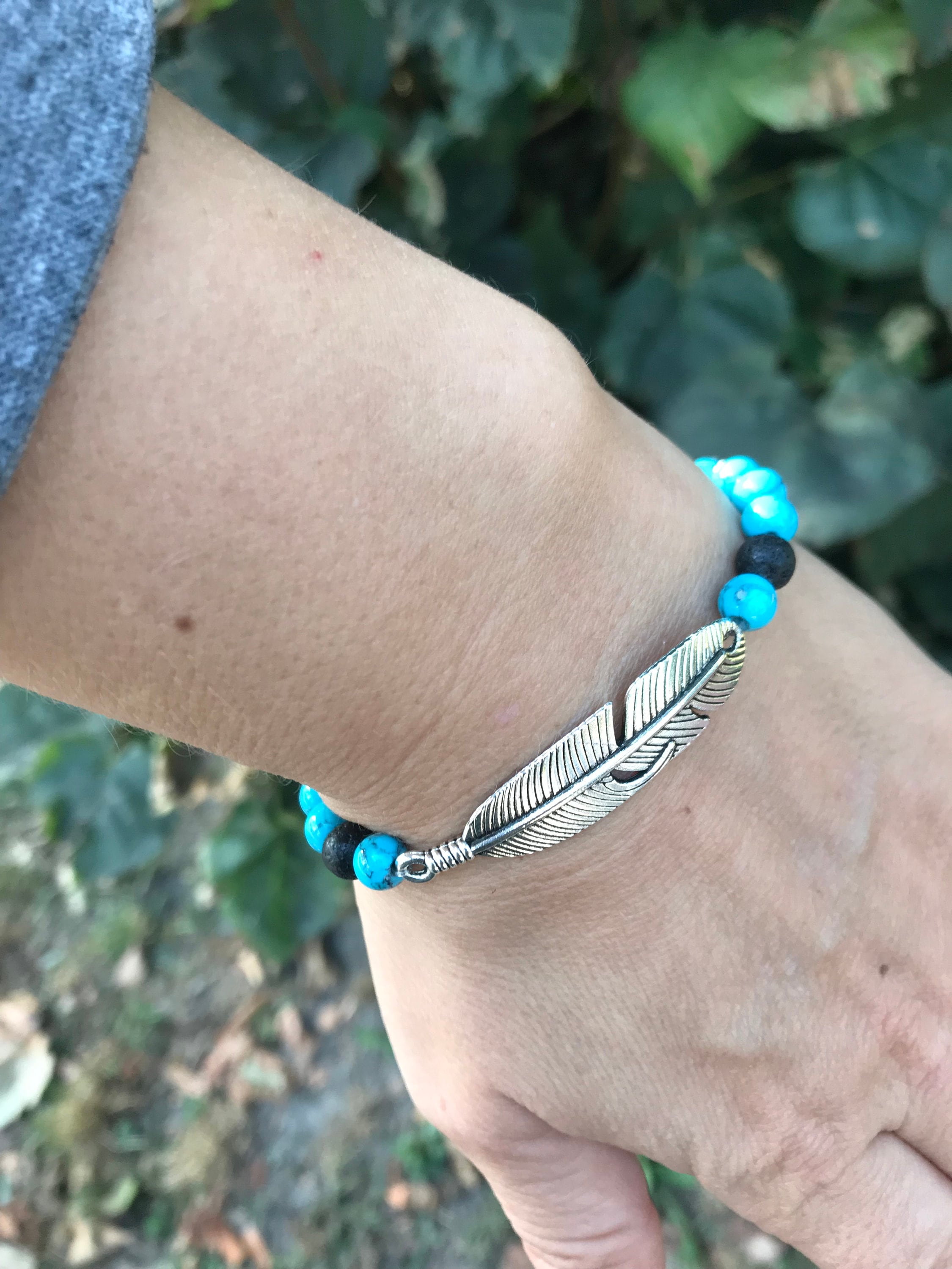 Feather Bracelet, Turquoise couple bracelet, Silver Feather Bracelet for Men or Women, friendship bracelet, Christmas gifts for him husband