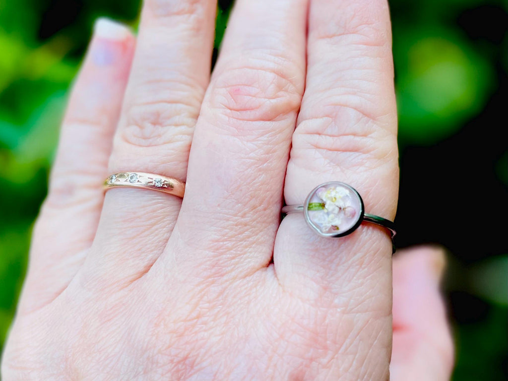 Handmade Blush Pressed Cherry Blossom Like Flower Ring: Botanical Resin Ring, Adjustable