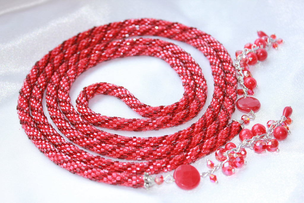 Christmas Ruby red Bead necklace, Beaded Layered Necklace Choker Gift For Her, Crochet Rope belt, Bohemian jewelry crystal lariat for wife