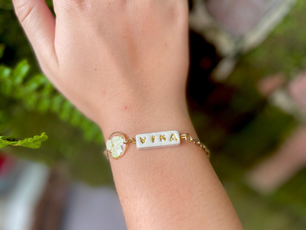 Personalized Name Bracelet: Real Hydrangea Charm, Handmade Porcelain Jewelry