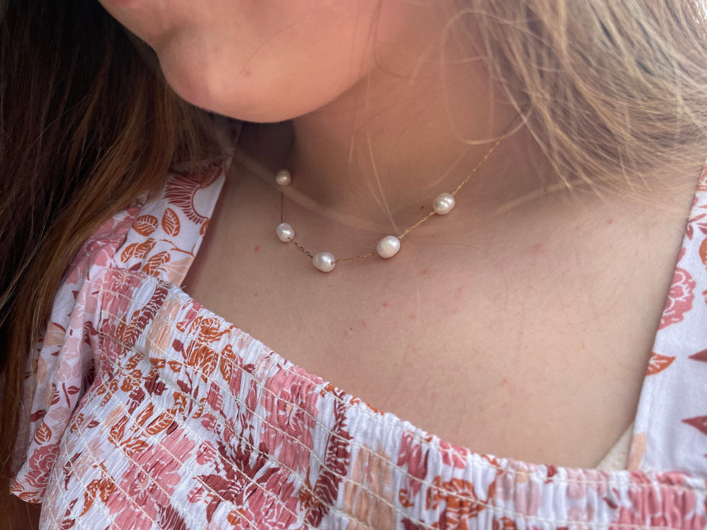 Beaded 8-10 mm Baroque Pearl Station Necklace Bridesmaids Gifts Dainty Chain Layering Necklace Birthday Gift for Her Mom wife Bridal Jewelry