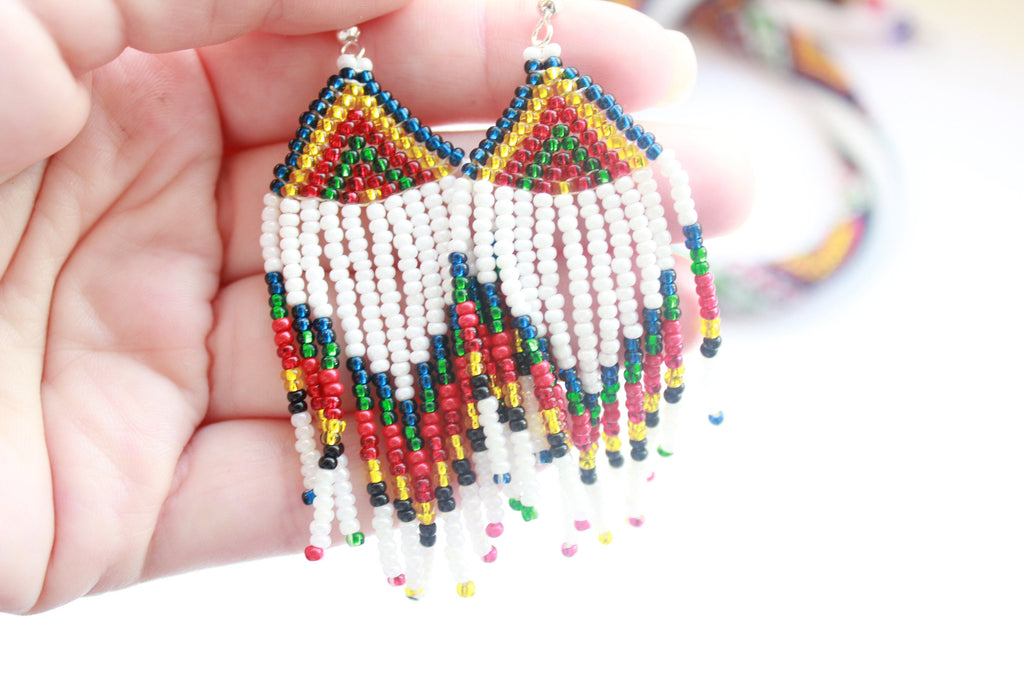 Dangle earrings Rainbow seed bead tassel earrings, beaded earrings, Long fringe Beaded Gypsy colorful dangles, native American jewelry women