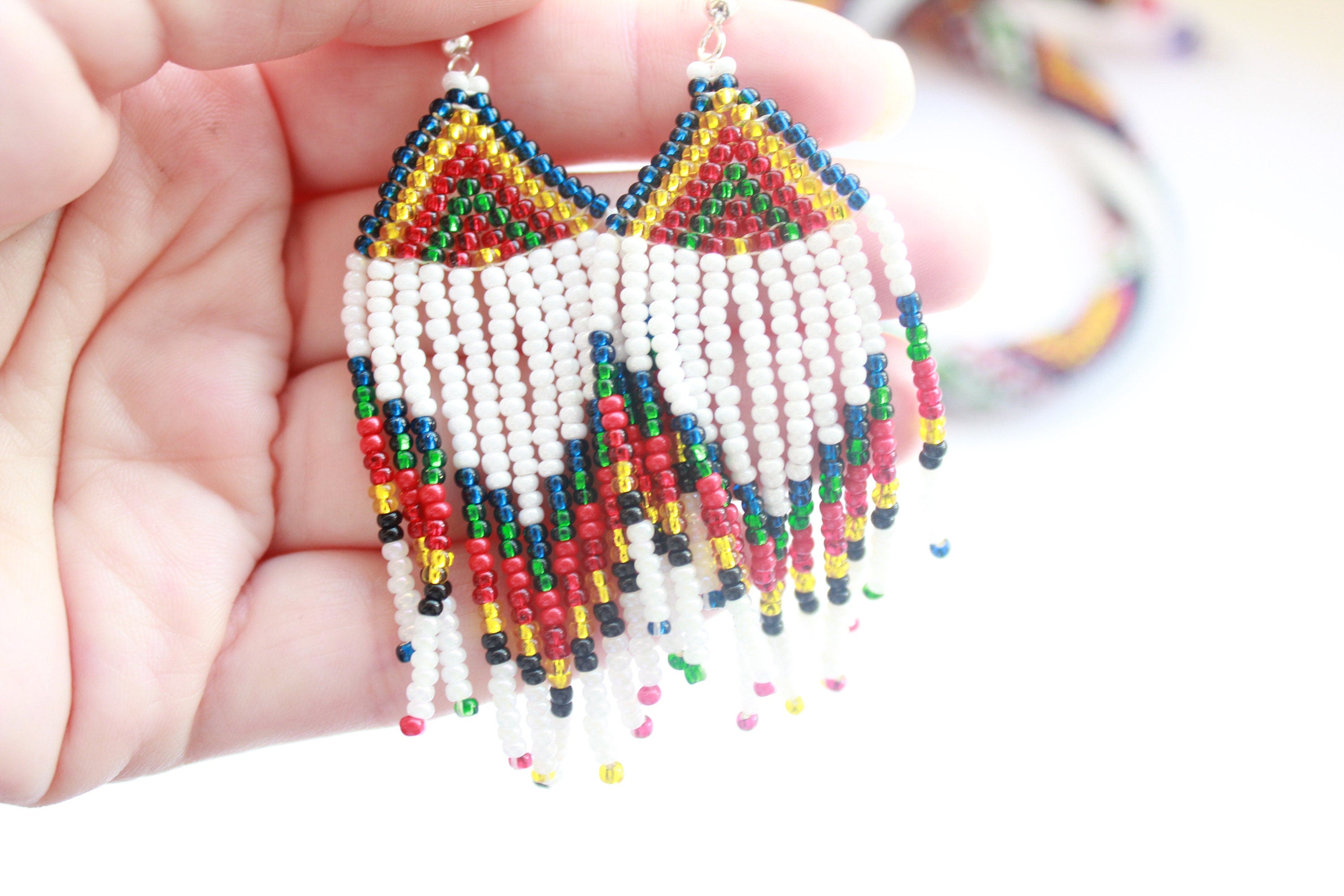 Dangle earrings Rainbow seed bead tassel earrings, beaded earrings, Long fringe Beaded Gypsy colorful dangles, native American jewelry women