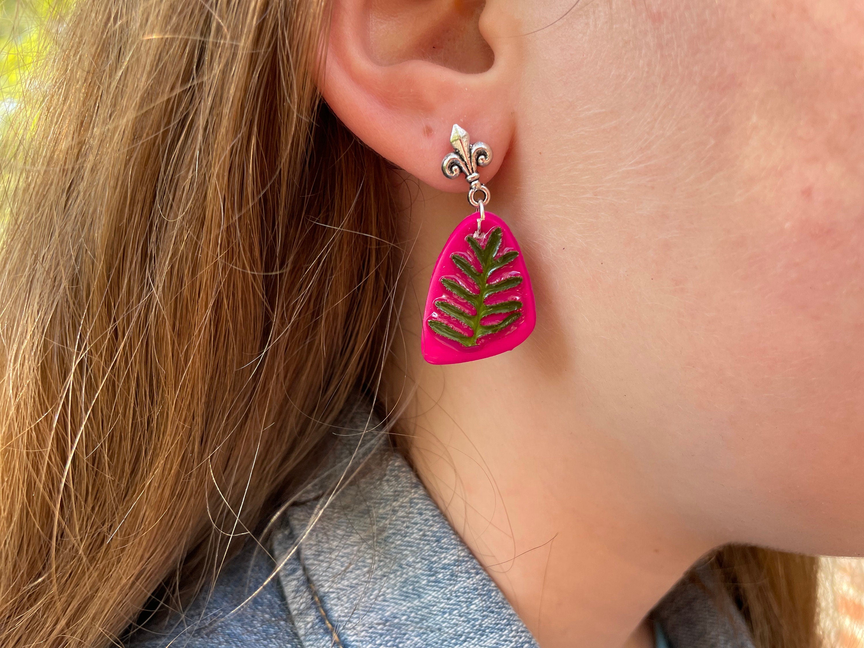 Minimalist earrings, Real flower earrings, fern earrings, hot pink polymer and resin clay earrings, pressed flower jewelry, flower girl gift