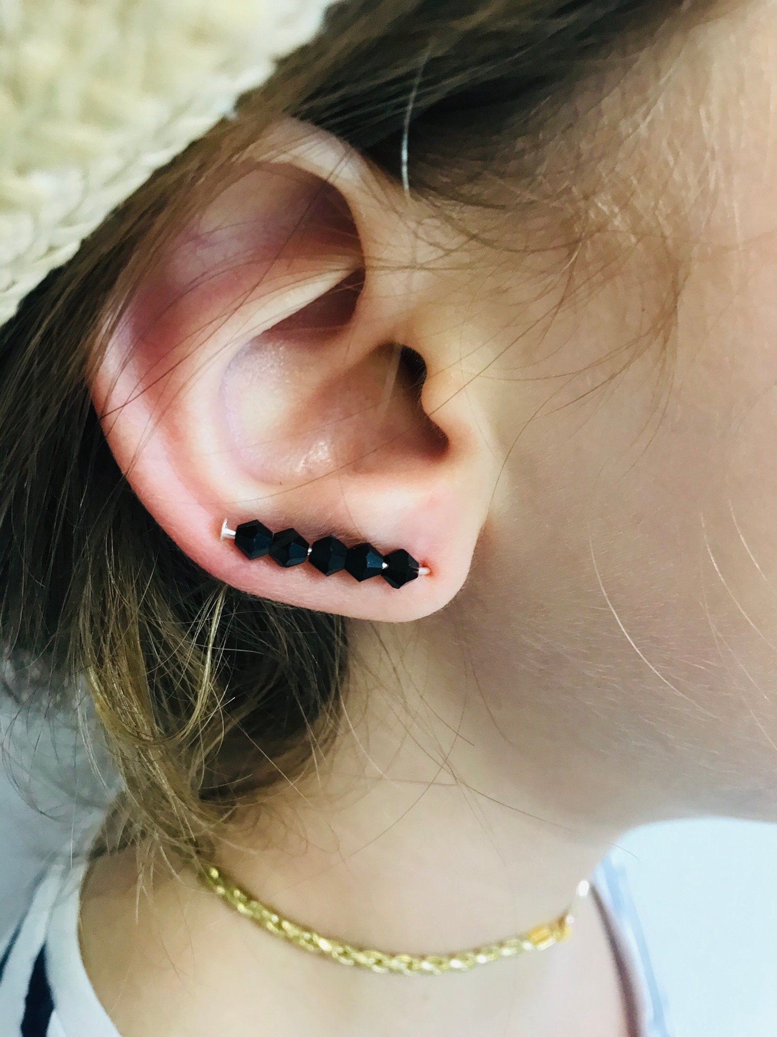 ear climber earrings, Minimalist ear climbers, 925 sterling silver stud earrings, Black Ear Climbers, Simple Ear Sweep birthstone color gift