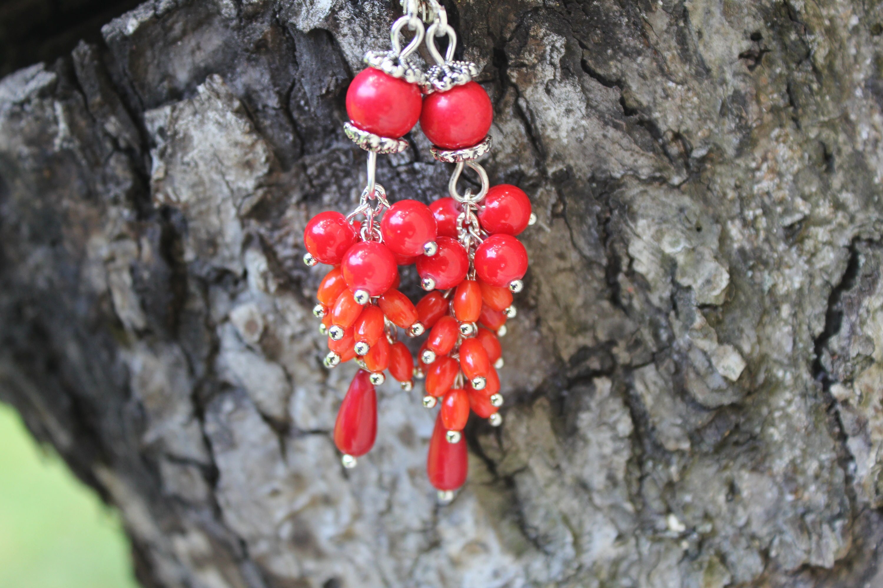 Red Coral Cluster Earrings: Vintage Style Crystal Dangle Earrings Statement