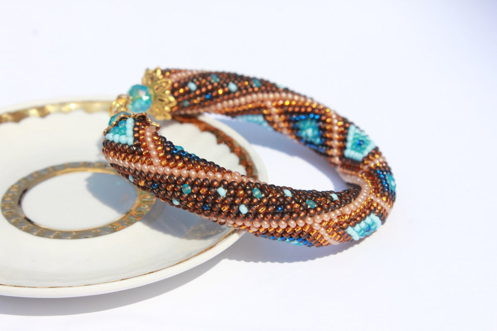 Teacher appreciation gift brown and blue Crocheted geometric bracelets for women, Mothers Day gift idea for wife, Seed Bead bangle Beadwork