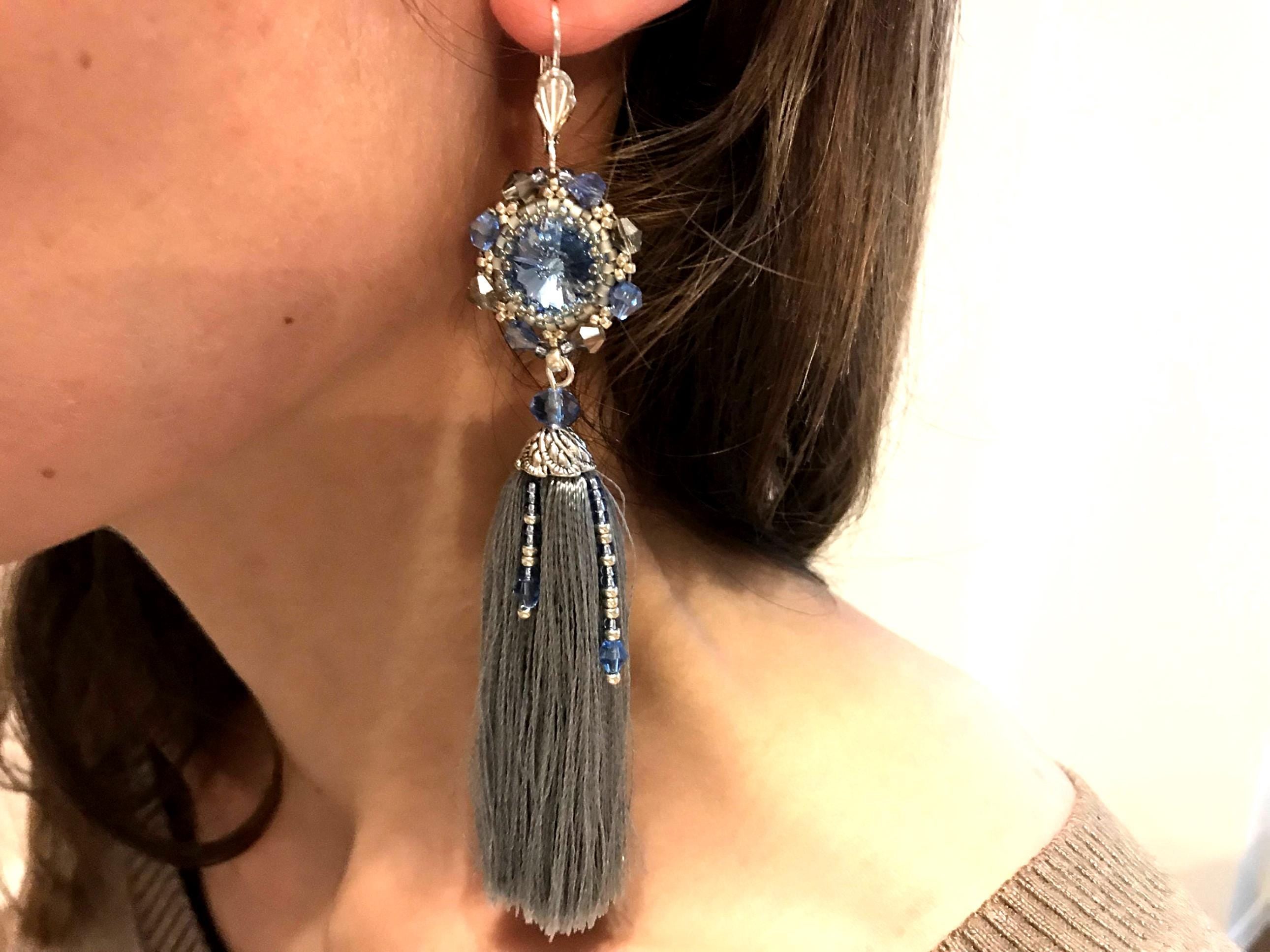 Dusty Blue Swarovski Crystal Beaded Silk Tassel Earrings: Bridal Something Blue Jewelry Handmade 5 inch