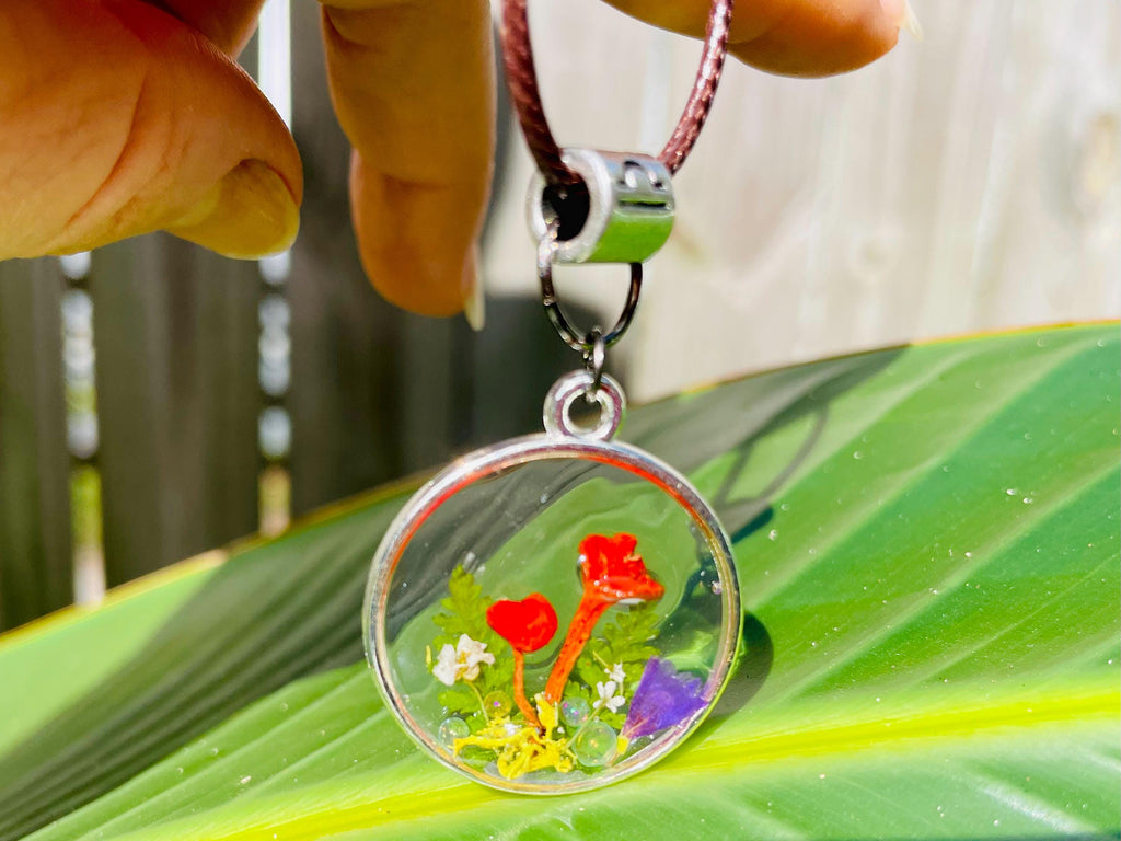 Personalized Mushroom Forest Zodiac Necklace: Handmade Resin Pendant, Birthstone Crystals