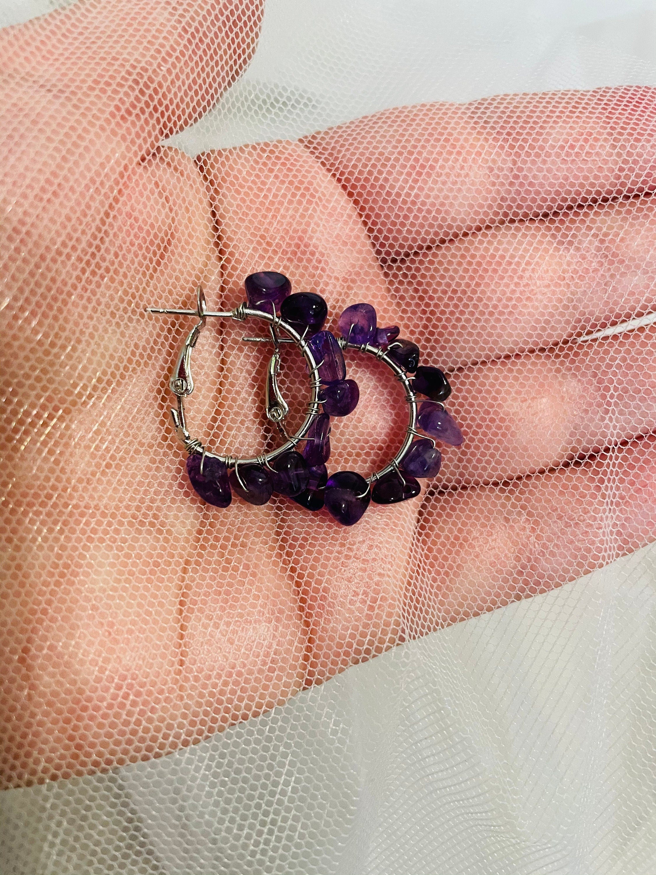 Amethyst earrings, Custom hoop earrings with Amethyst beads, jewelry gift daughter, crystal hoop earrings, February Birthstone earrings wife