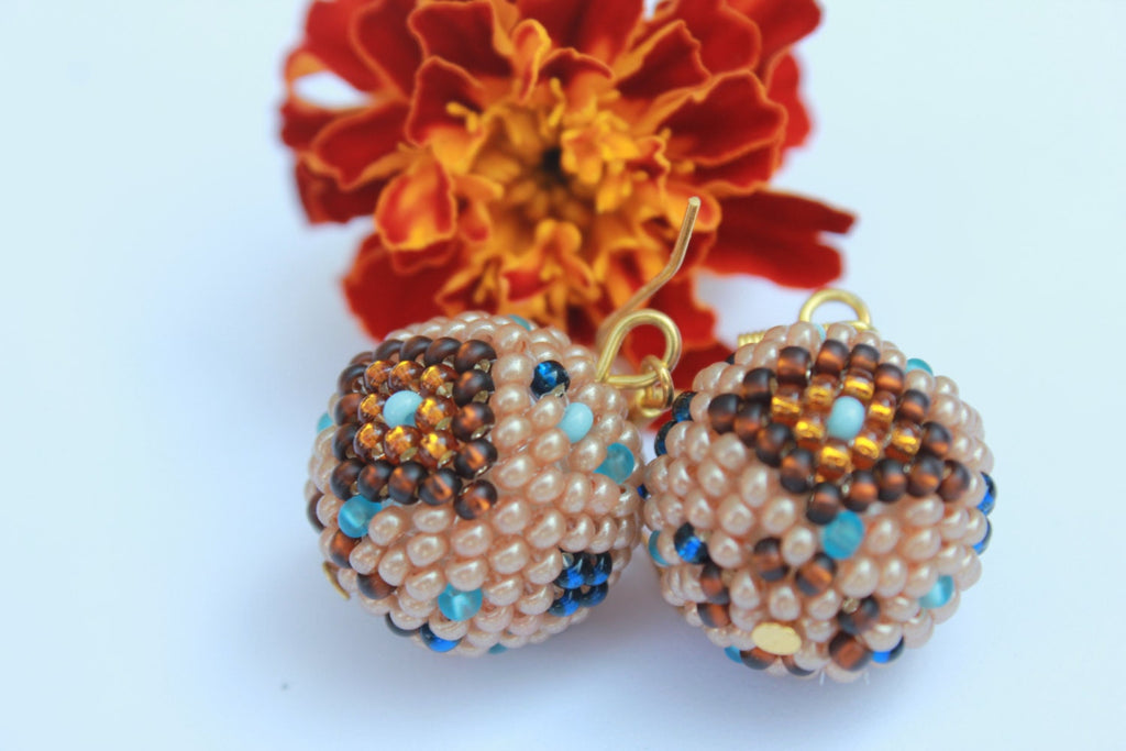 Teacher appreciation gift brown and blue Crocheted geometric bracelets for women, Mothers Day gift idea for wife, Seed Bead bangle Beadwork