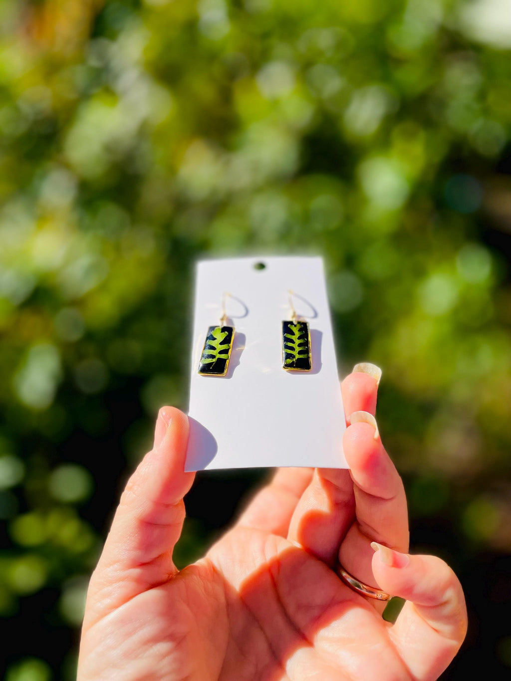 Black Rectangular Resin Fern Dangle Earrings: Gold Nature Inspired Plant Jewelry