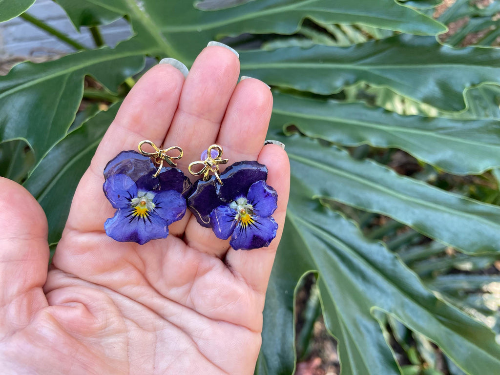 Purple Violet Flower Earrings with Gold Bow Posts | Unique Birth Month Gift for February
