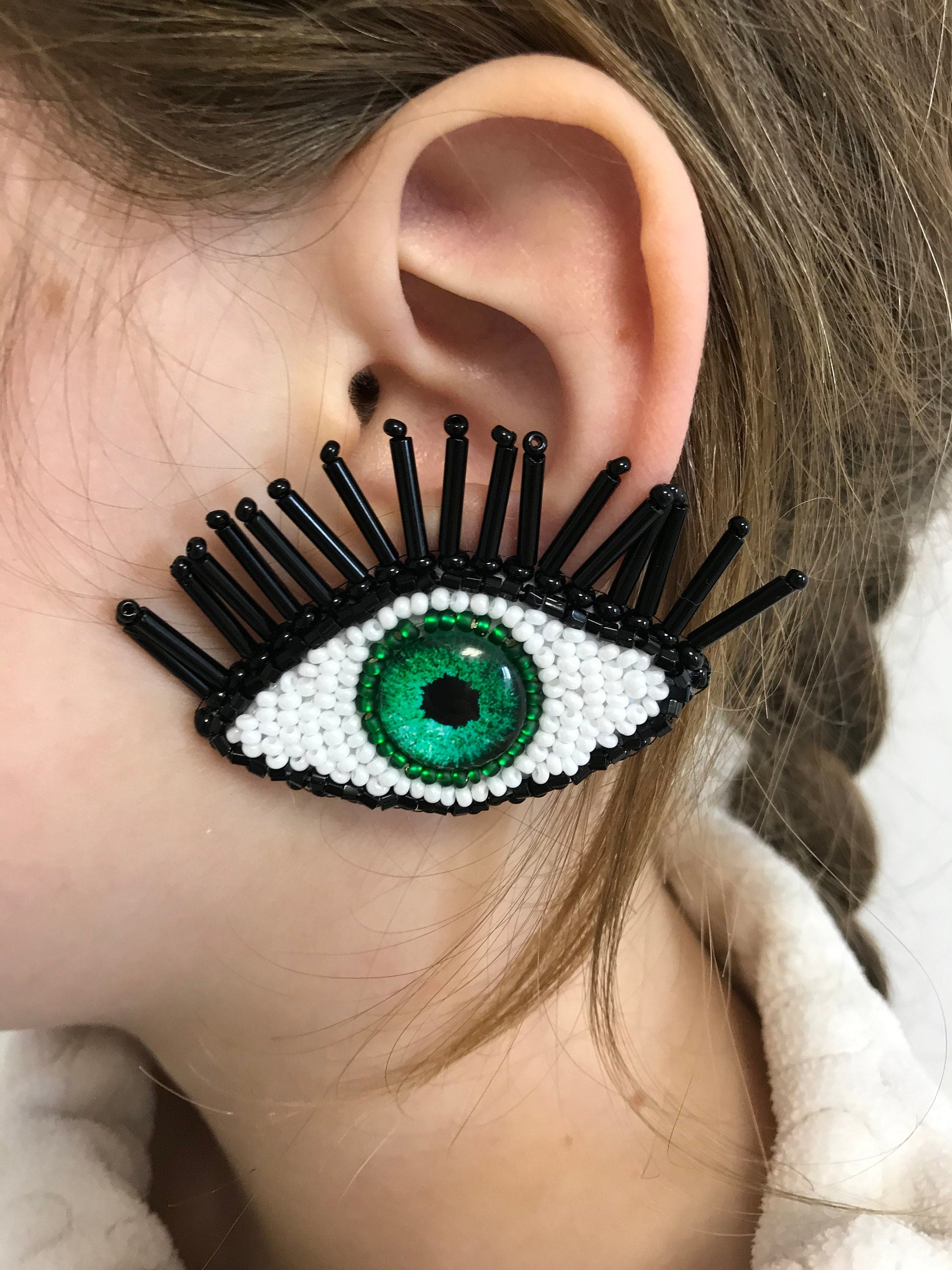 Halloween costume accessories, Evil eye earrings, Halloween earrings, halloween jewelry handmade, Blue green large evil eye earrings clip-on
